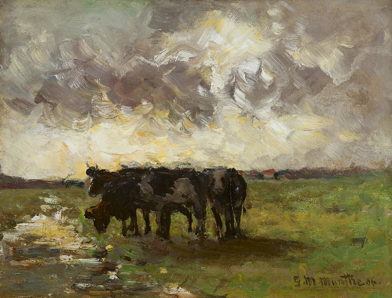 Munthe G.A.L.  | Gerhard Arij Ludwig 'Morgenstjerne' Munthe, Cows in a meadow, Öl auf Malereifaser 25,2 x 32,9 cm, signed l.r. und dated '06
