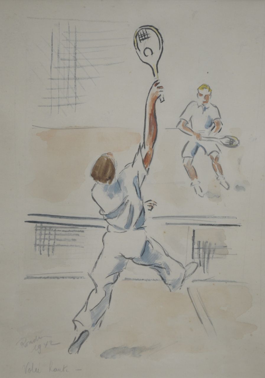 Franse School, 20e eeuw   | Franse School, 20e eeuw | Aquarelle und Zeichnungen zum Verkauf angeboten | Tennisspieler, Gemischte Technik auf Papier 27,5 x 19,5 cm, Unterzeichnet l.u. ( 'Ronde' unklar) und datiert 1942