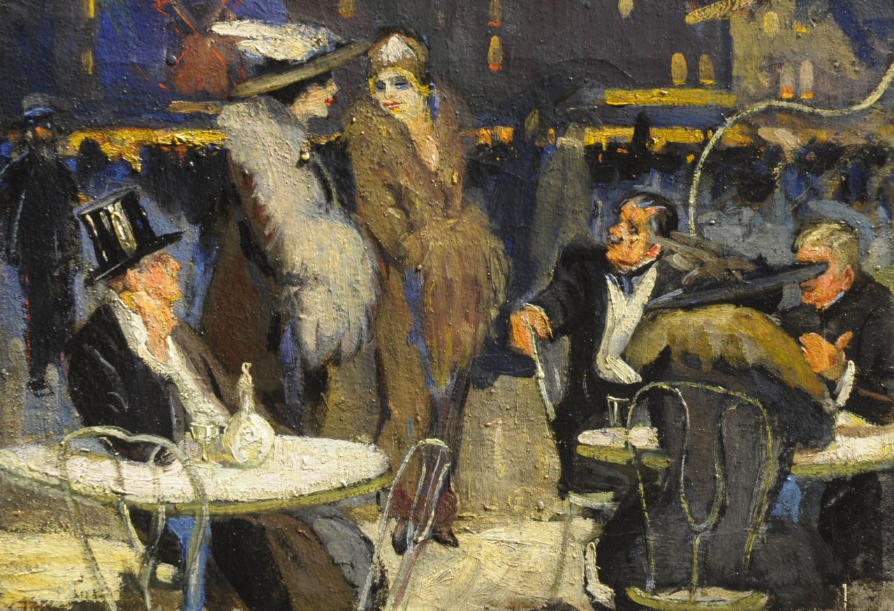 Franse School, 1920-1930   | Franse School, 1920-1930, Elegant party on a terrace near the Moulin Rouge, Paris, Öl auf Leinwand 27,5 x 39,8 cm, executed (19)20s