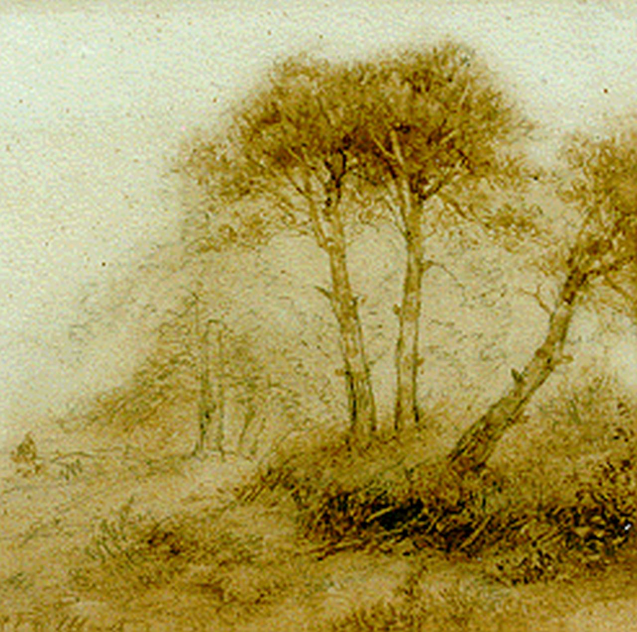 Schelfhout A.  | Andreas Schelfhout, A figure on a forest-path, Sepia auf Papier 16,3 x 16,7 cm, signed l.l.