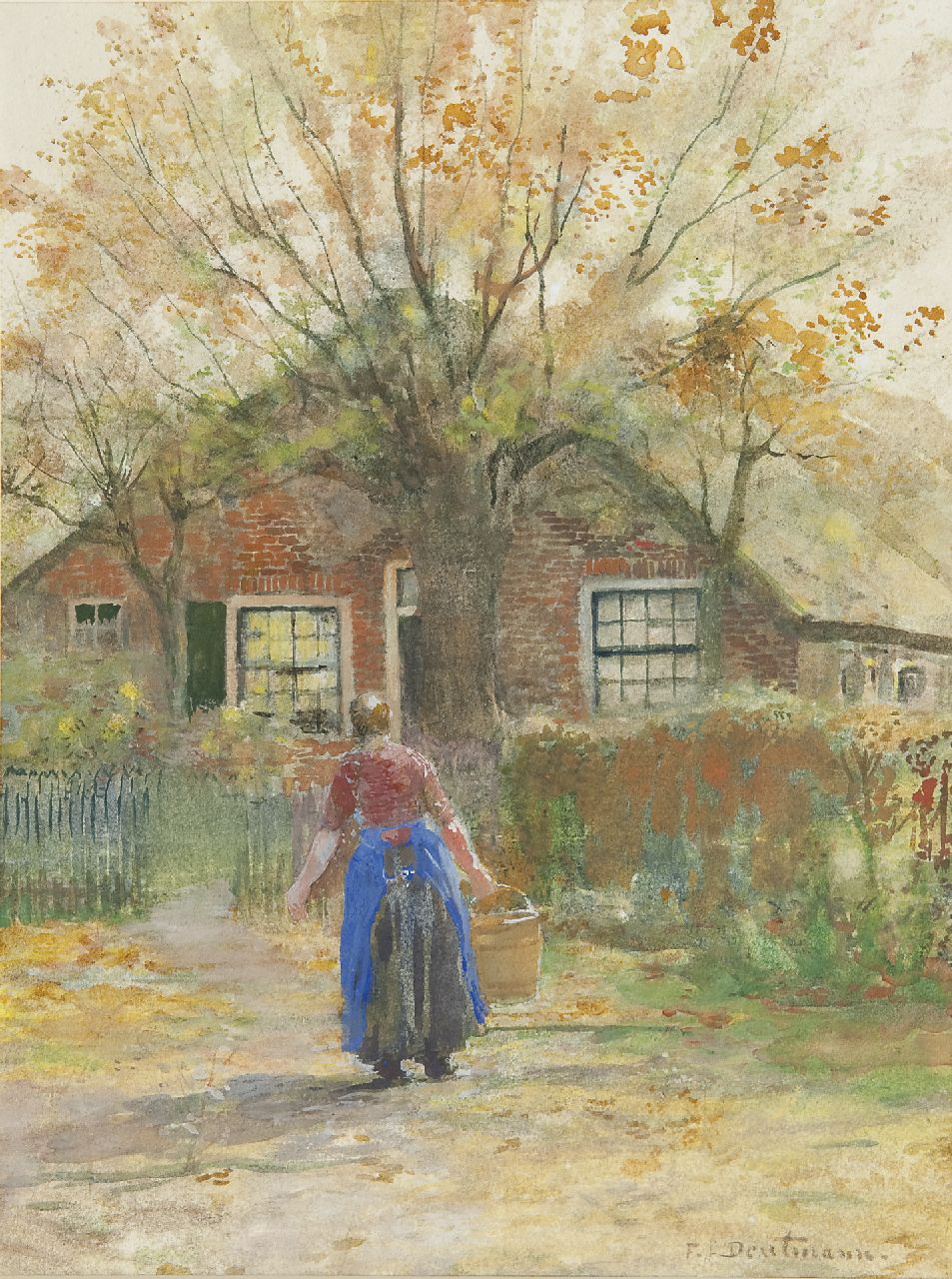 Deutmann F.W.M.  | 'Franz' Wilhelm Maria Deutmann, A farmer's wife with a milkbucket,  Laren, Aquarell auf Papier 30,0 x 23,0 cm, signed l.r.