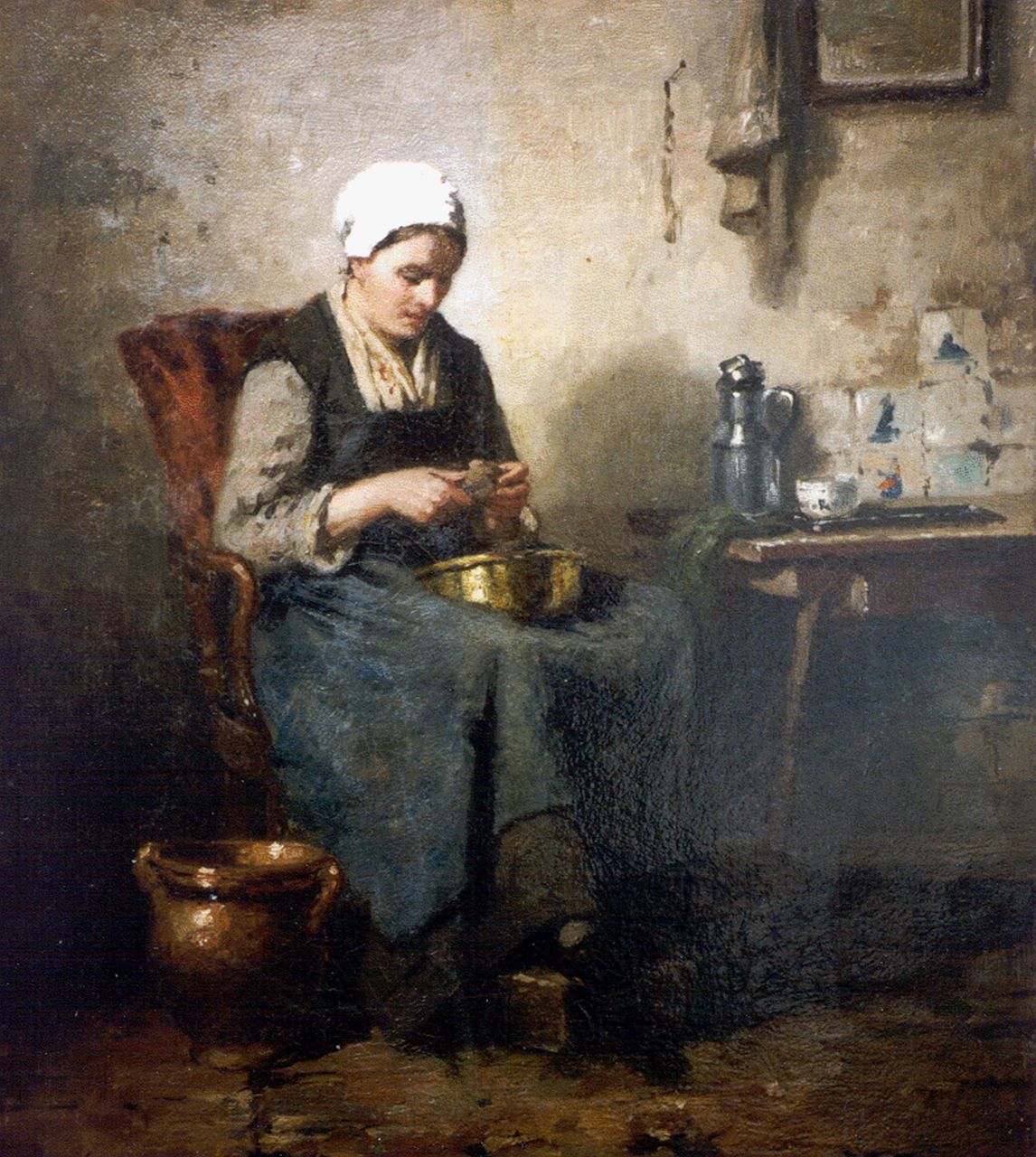 Weiland J.  | Johannes Weiland, Peeling potatoes, Öl auf Leinwand 39,8 x 34,5 cm, signed l.l.