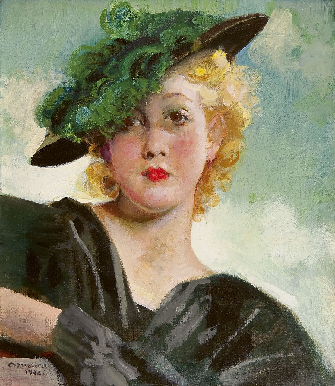 Watelet C.J.  | 'Charles' Joseph Watelet, Lady with green hat, Öl auf Leinwand 40,1 x 34,9 cm, signed l.l. und dated 1938