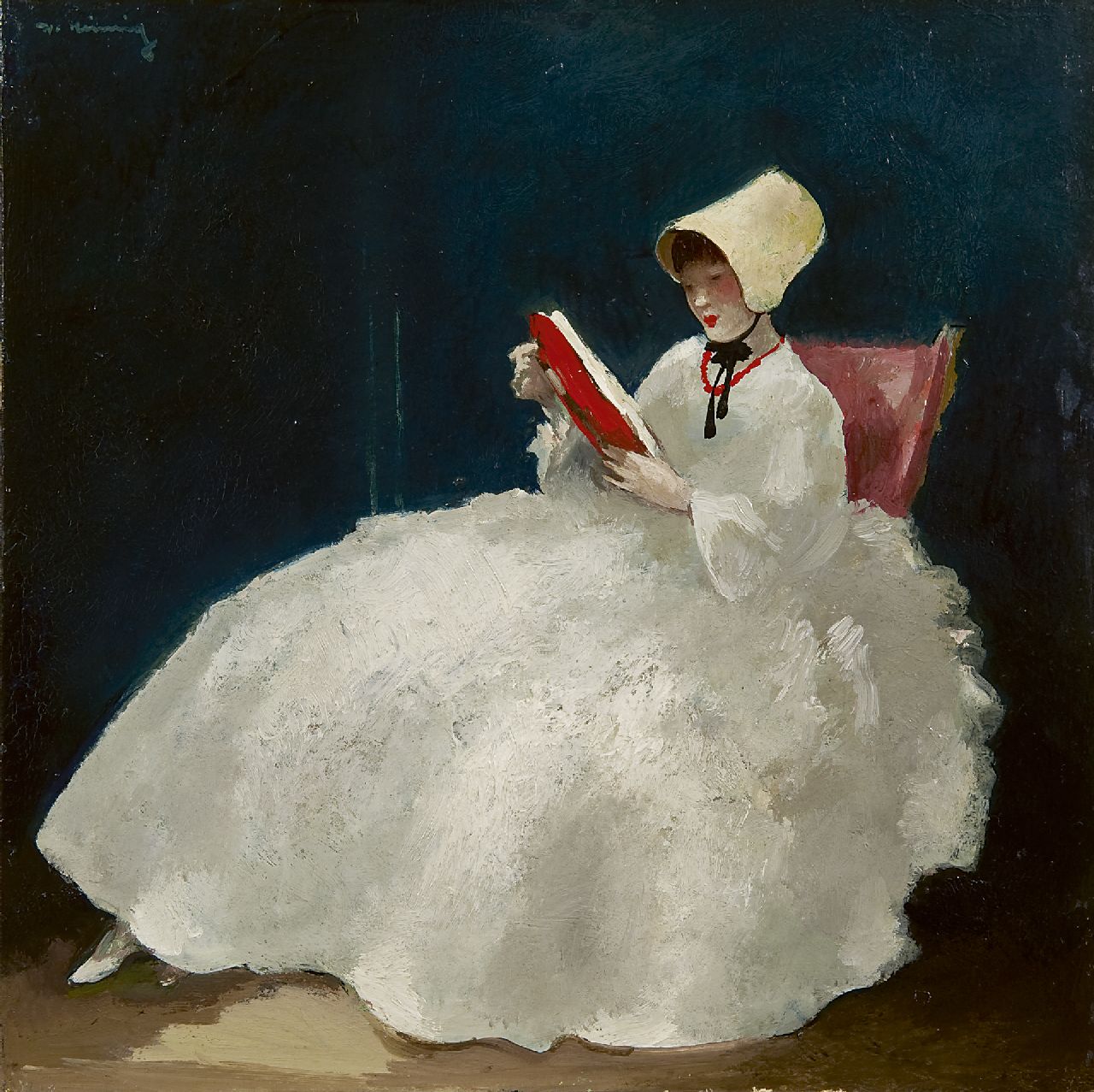 Heimig W.  | Walter Heimig, A girl reading with bonnet, Öl auf Holz 30,0 x 30,1 cm, signed u.l.