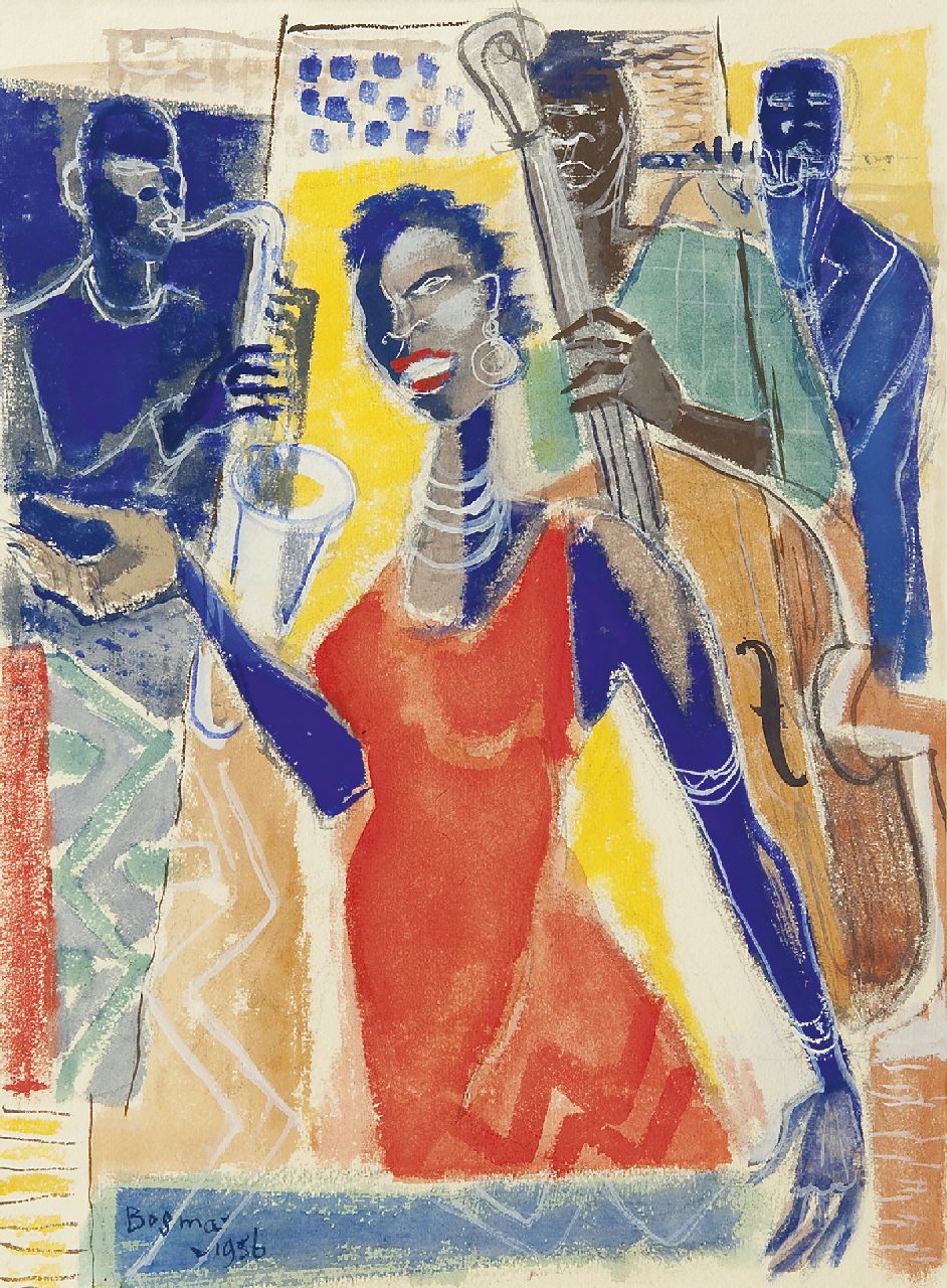 Bosma W.  | Willem 'Wim' Bosma | Aquarelle und Zeichnungen zum Verkauf angeboten | Sarah Vaughan und Band, Gouache auf Papier 39,0 x 29,0 cm, Unterzeichnet u.l. und datiert 1956