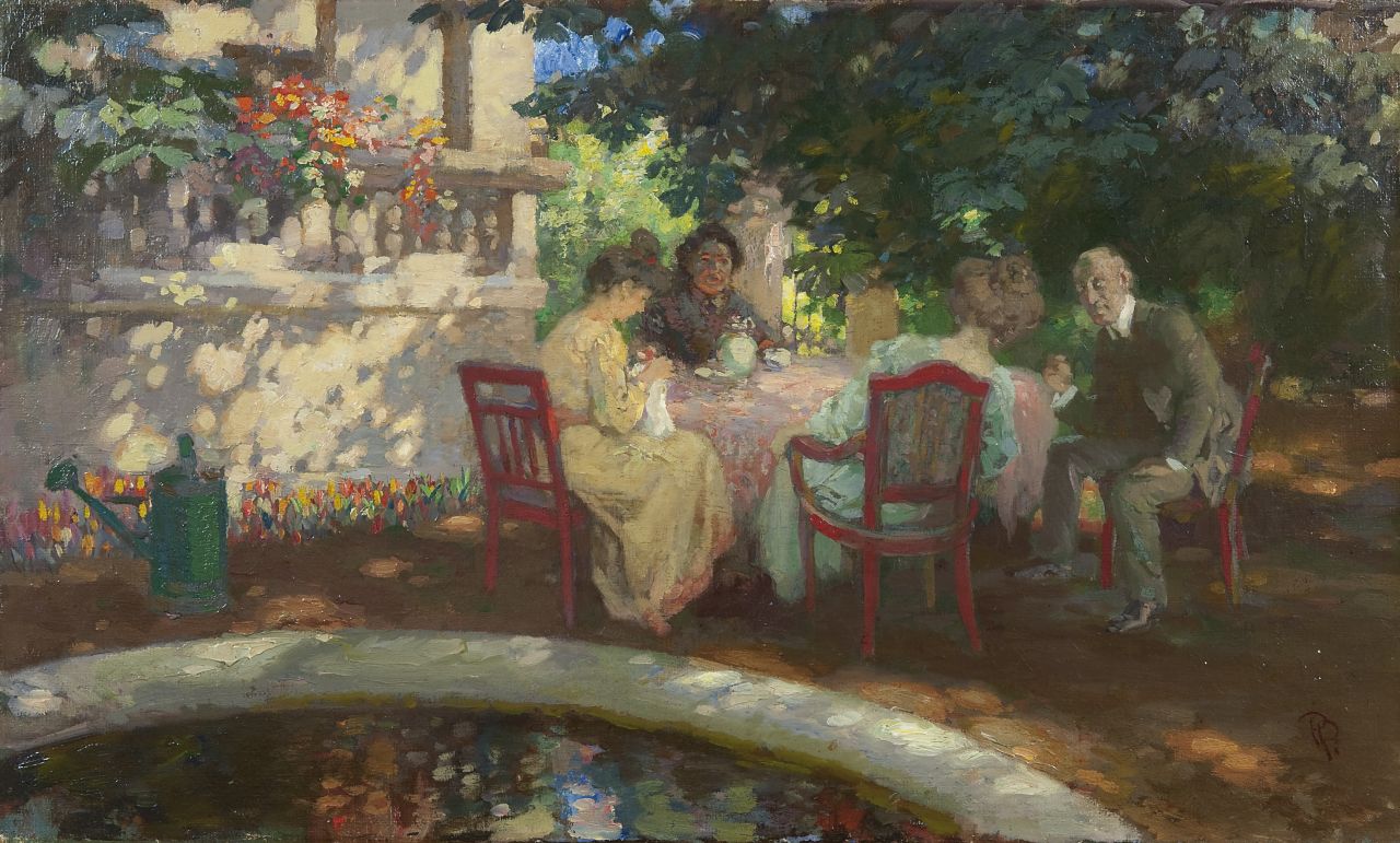 Paul Paede | Garden with tea party, Öl auf Leinwand, 40,3 x 67,1 cm, signed l.r. with monogram