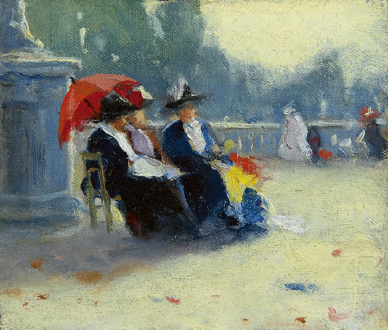 Castle Keith W.  | Walter Castle Keith, Friends in the Jardin du Luxembourg, Öl auf Leinwand auf Holz 9,8 x 11,4 cm, signed on the reverse und dated 1911 on the reverse