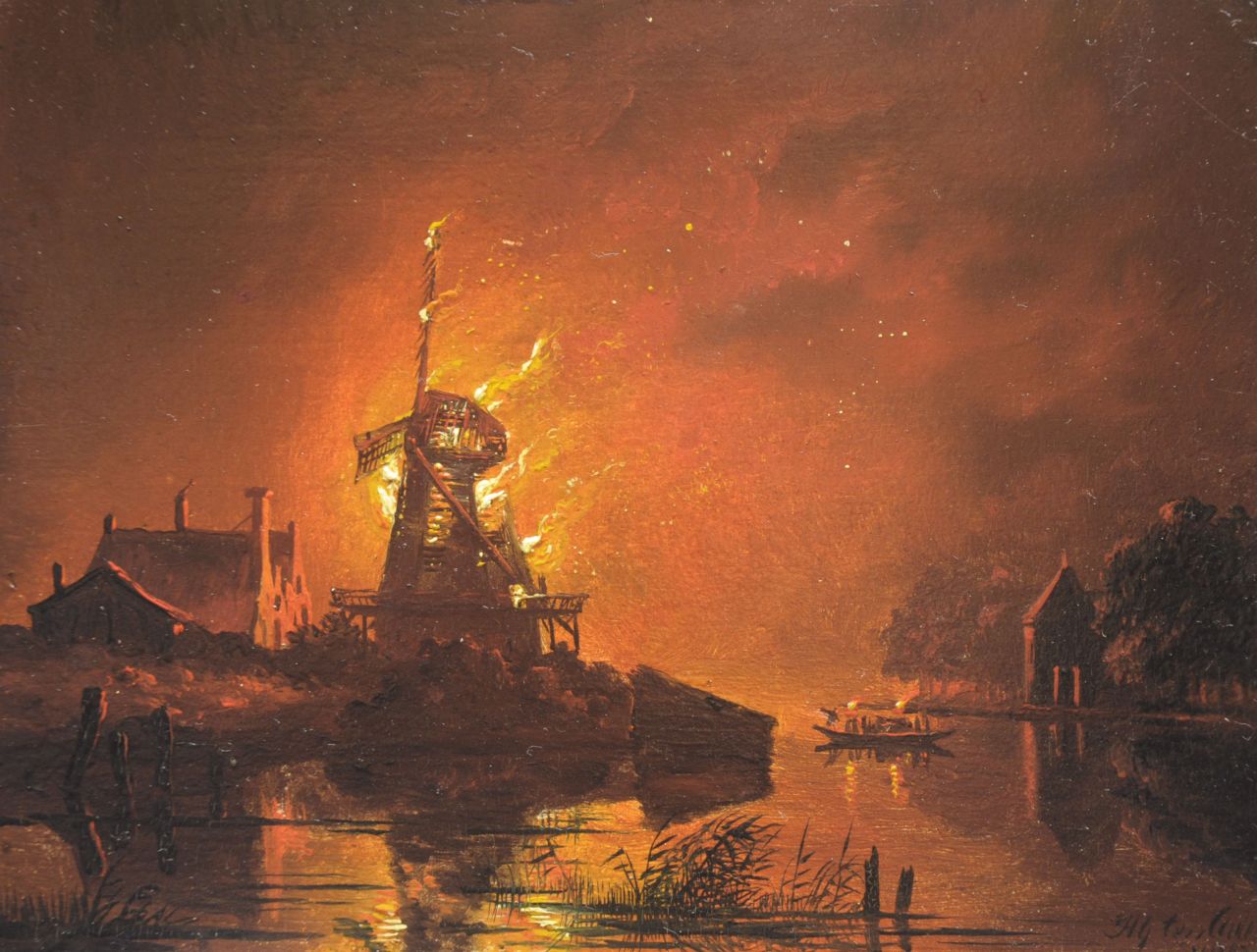 Cate H.G. ten | Hendrik Gerrit ten Cate, Brennende Mühle in der Nacht, Öl auf Holz 13,8 x 18,3 cm, Unterzeichnet r.u. und unklar datiert 184(8)
