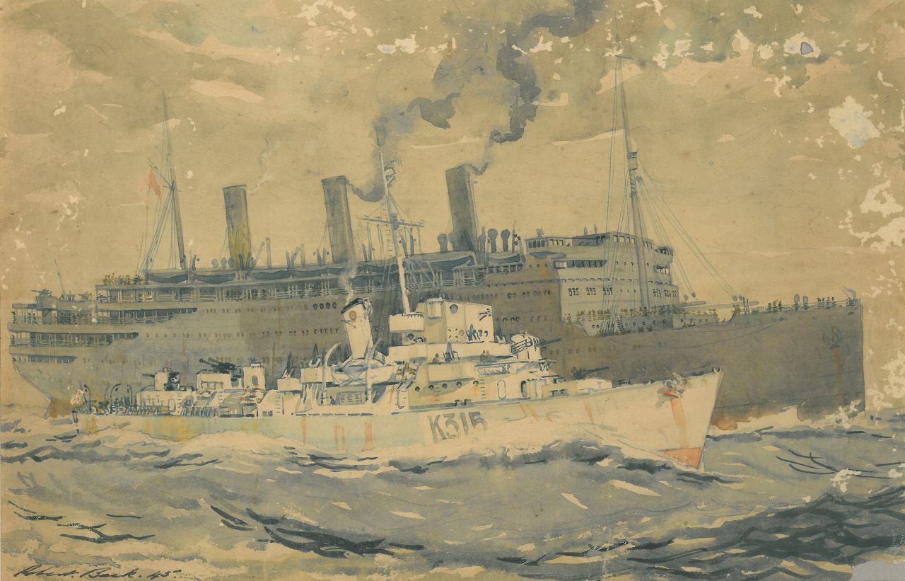 Back R.T.  | Robert Trenaman Back | Aquarelle und Zeichnungen zum Verkauf angeboten | Passagierschiff und Kriegsschiff auf hoher See, Aquarell auf Papier 22,0 x 33,8 cm, Unterzeichnet l.u. und datiert '45, ohne Rahmen