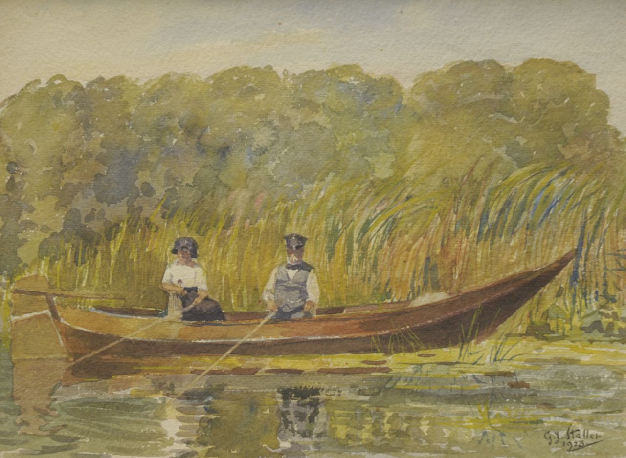 Staller G.J.  | Gerard Johan Staller, Angelndes Paar in Ruderboot, Aquarell auf Papier 22,4 x 29,9 cm, Unterzeichnet r.u. und datiert 1923