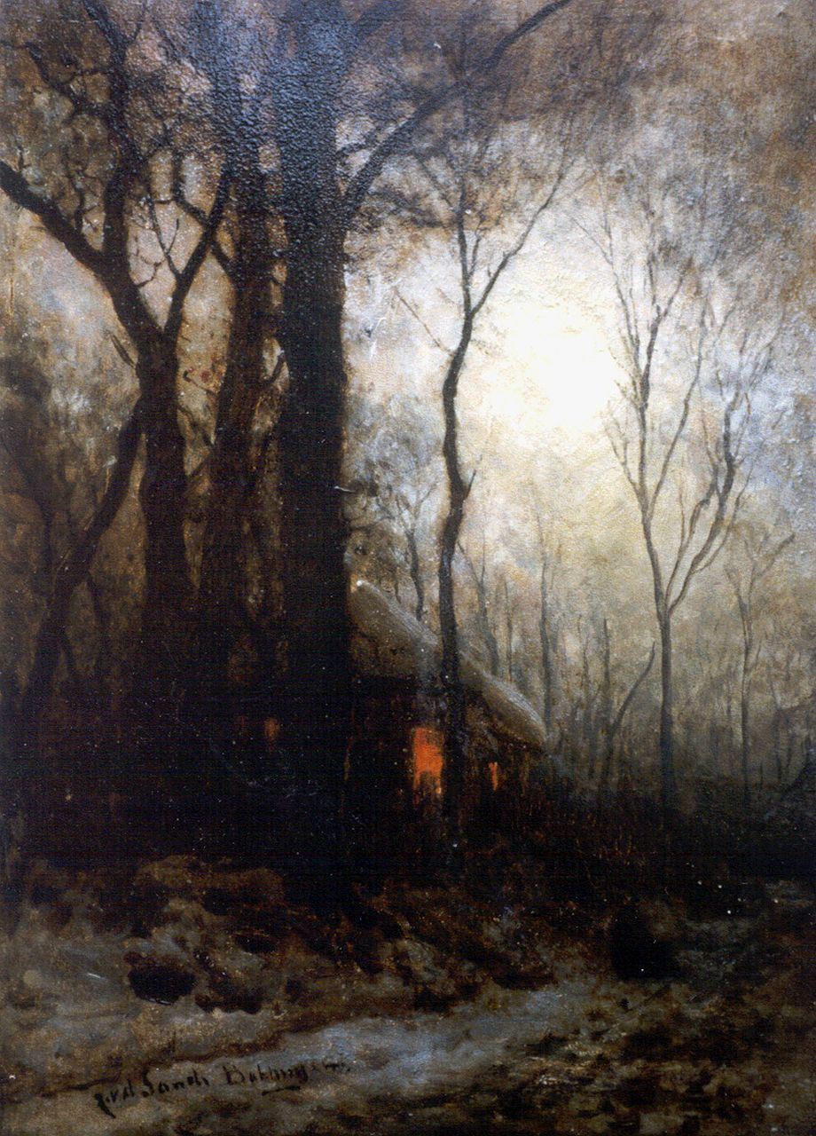 Sande Bakhuyzen J.J. van de | Julius Jacobus van de Sande Bakhuyzen, A forest landscape in winter, Öl auf Leinwand auf Holz 35,0 x 25,5 cm, signed l.l.