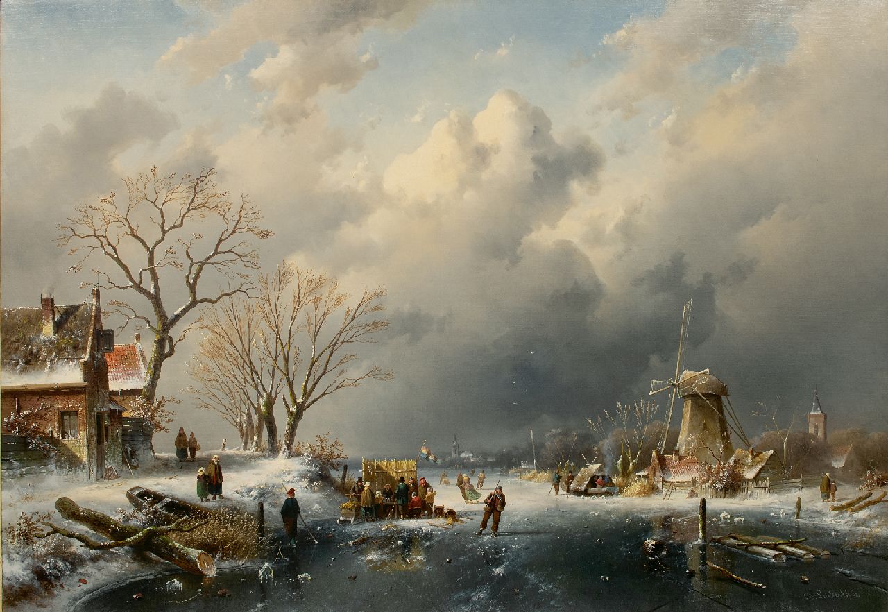 Leickert C.H.J.  | 'Charles' Henri Joseph Leickert, Hollandse winter met koek en zopie, Öl auf Leinwand 98,0 x 141,0 cm, gesigneerd rechtsonder und gedateerd 1862