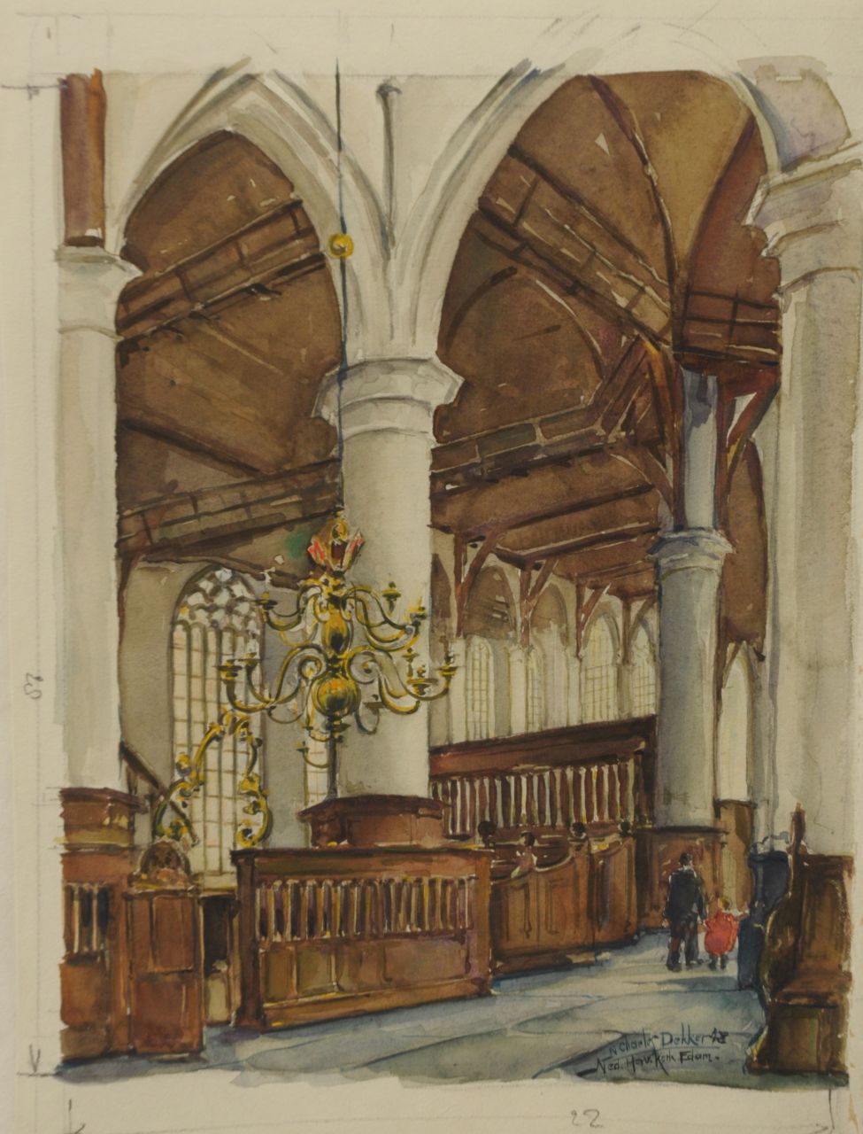 Dekker N.C.  | Nicolas Charles Dekker, Die 'Niederländisch Reformierte Kirche', Aquarell auf Papier 32,5 x 24,4 cm, Unterzeichnet r.u. und datiert '48