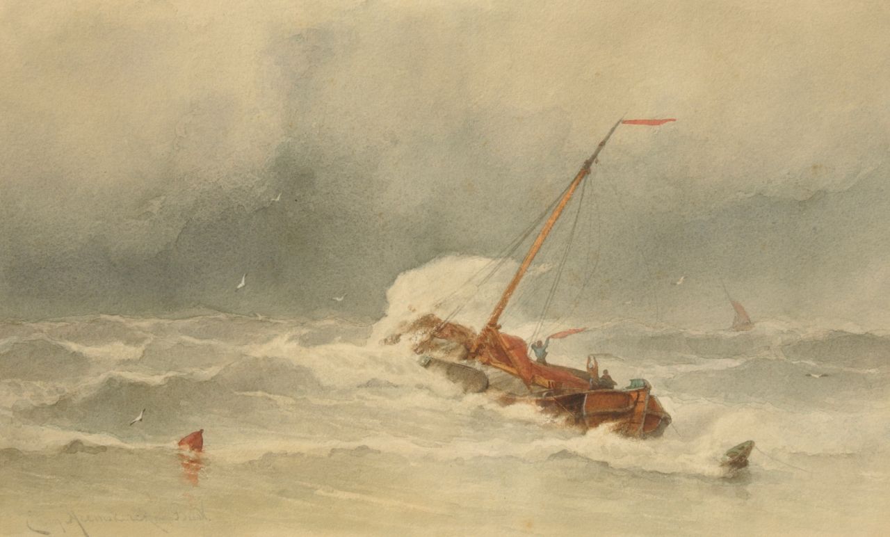 Heemskerck van Beest J.E. van | Jacob Eduard van Heemskerck van Beest, Segelschiff in wildem Sturm, Aquarell auf Papier 35,9 x 59,6 cm, Unterzeichnet l.u.