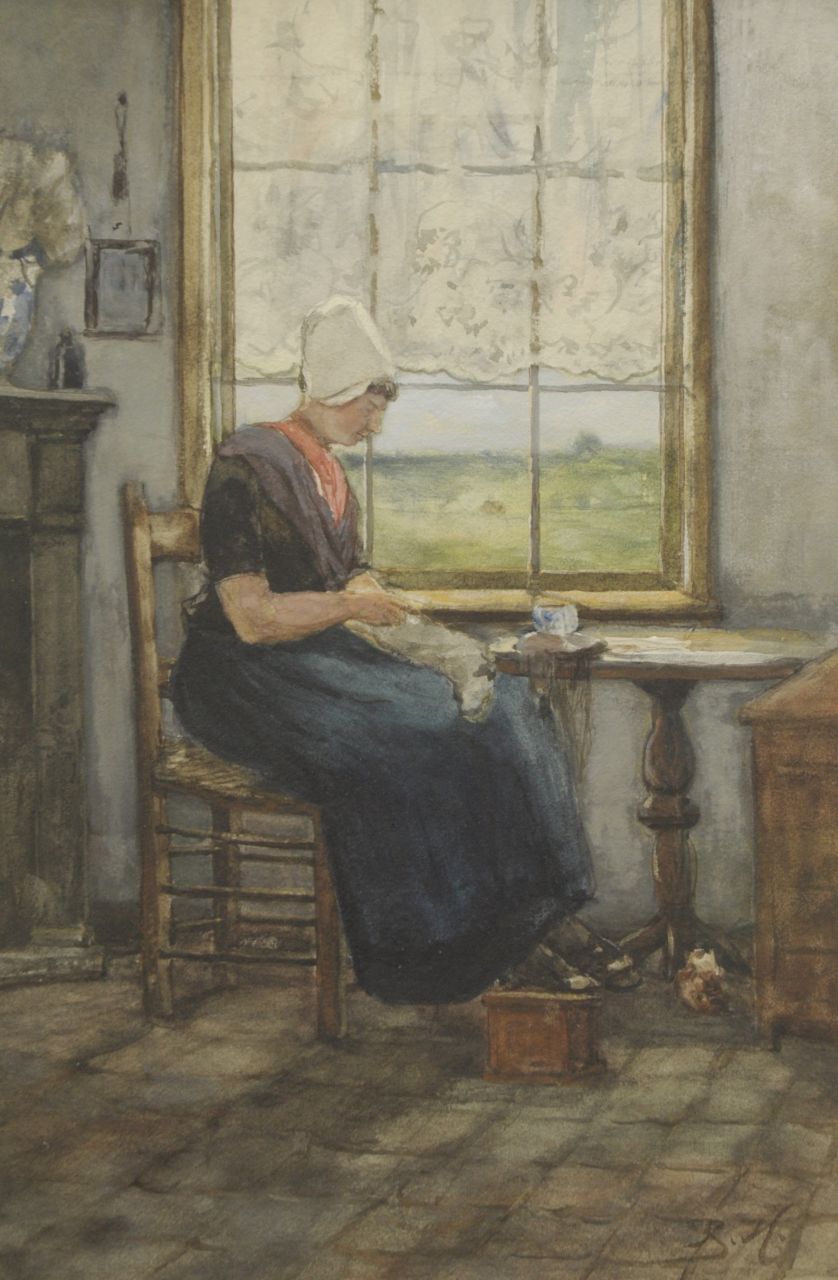 Hollandse School, 19e eeuw   | Hollandse School, 19e eeuw, A farmer's wife from Walcheren in an interior, Aquarell auf Papier 38,7 x 25,4 cm, signed l.r. with initials