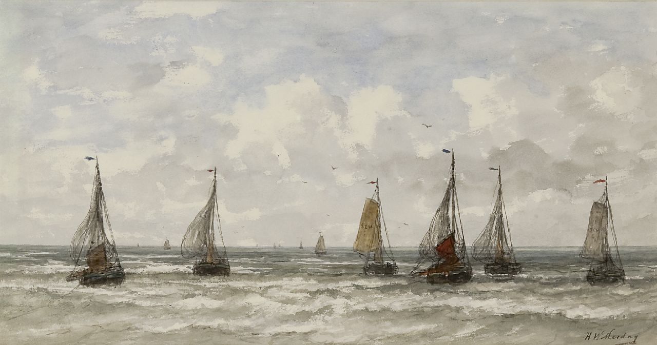 Mesdag H.W.  | Hendrik Willem Mesdag, Sailing vessels in the breakers, Aquarell und Gouache auf Papier 34,7 x 65,7 cm, signed l.r.