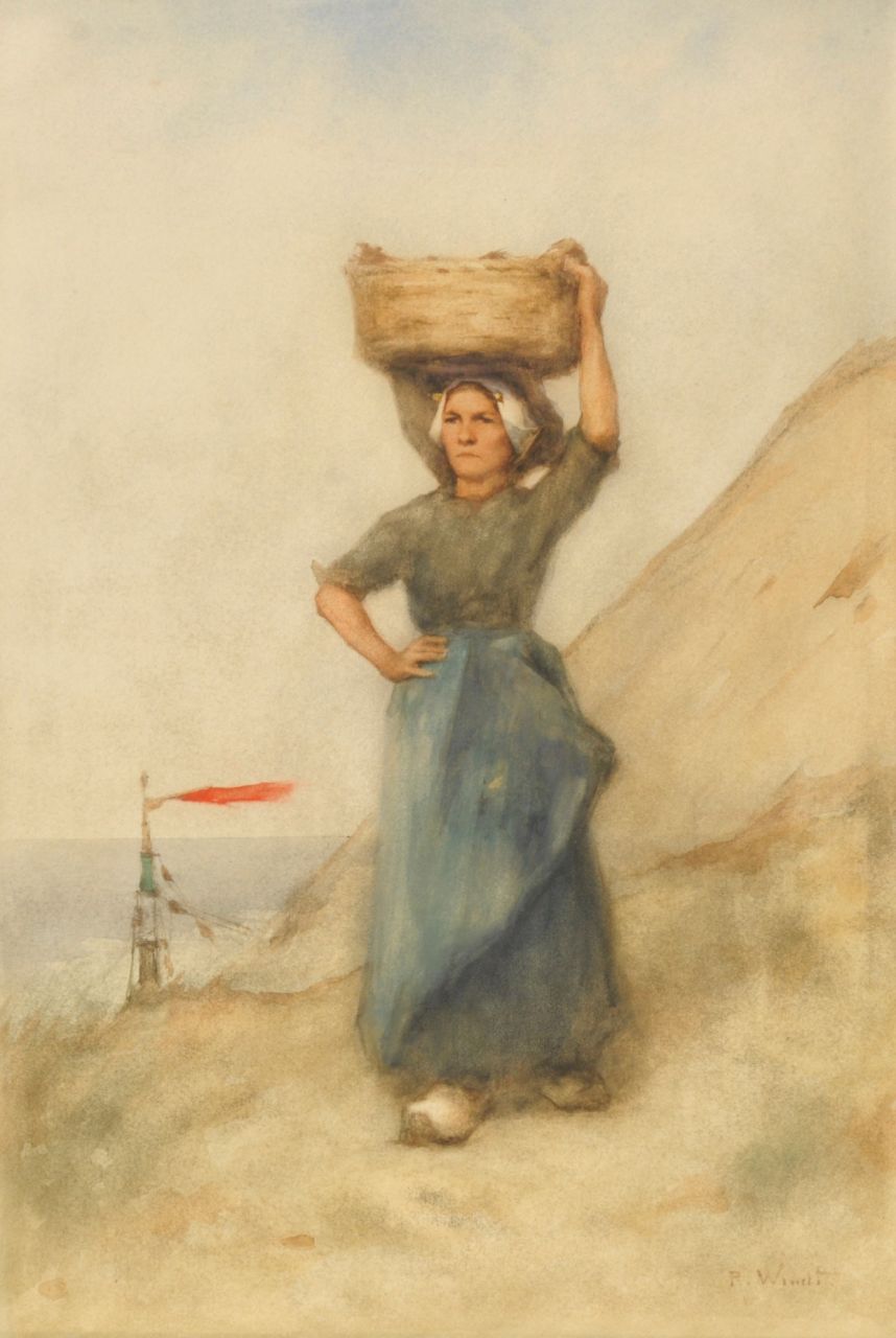 Windt P.P.  | Philip Pieter Windt, A fisherswoman from Scheveningen in the dunes, Aquarell auf Papier 56,0 x 38,8 cm, signed l.r.
