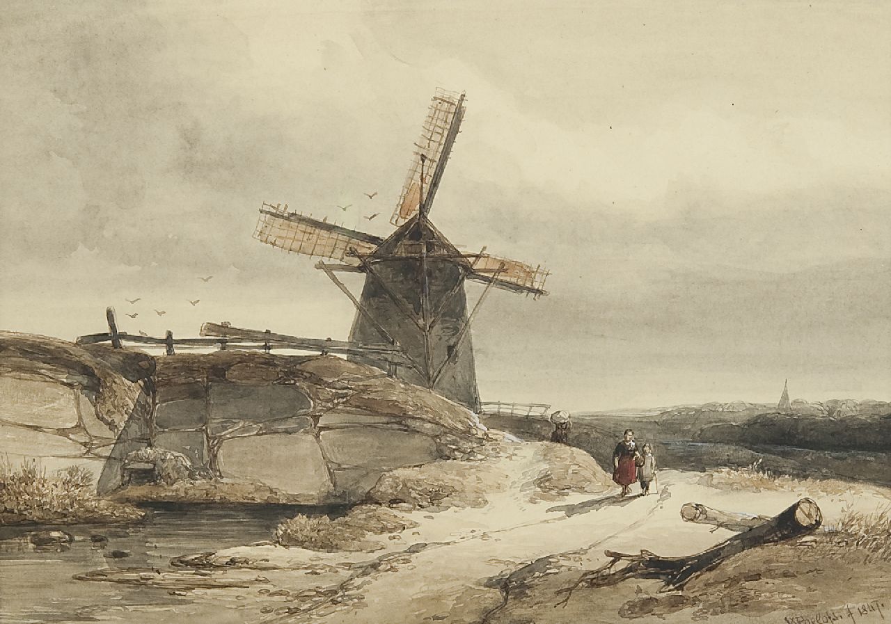 Roelofs W.  | Willem Roelofs, A windmill in a hilly landscape, Tinte und Aquarell auf Papier 19,9 x 28,0 cm, signed l.r. und dated 1847