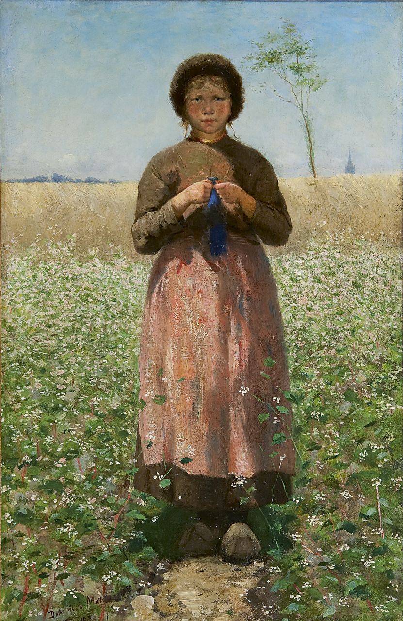 Mar D. de la | David de la Mar, A knitting peasant girl in a flowering buckwheat field, Öl auf Leinwand 54,2 x 35,0 cm, signed l.l. und dated 1886