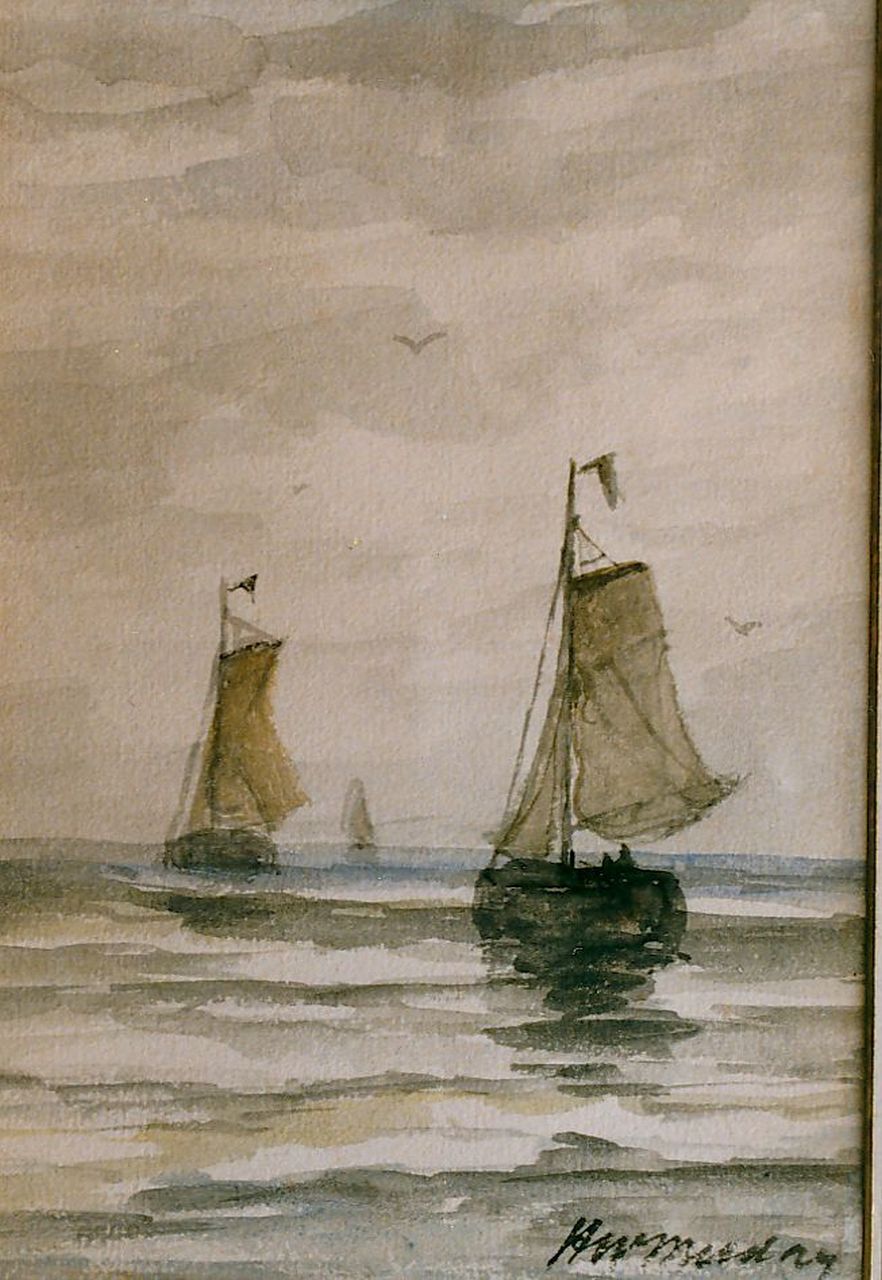 Mesdag H.W.  | Hendrik Willem Mesdag, 'Bomschuiten' in calm, Aquarell auf Papier 20,5 x 15,0 cm, signed l.r.