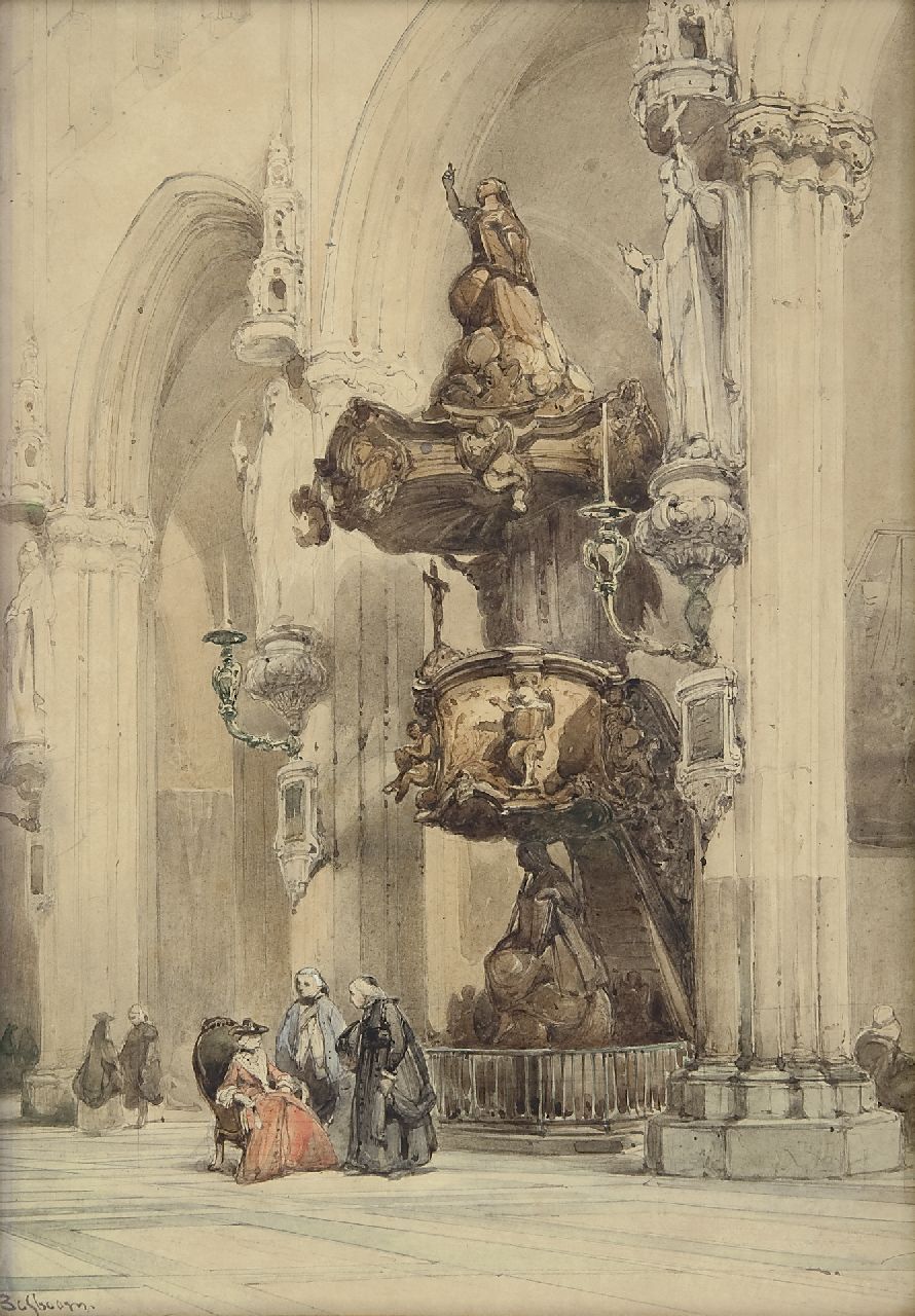 Bosboom J.  | Johannes Bosboom, In the Onze Lieve Vrouwekerk, Bruges, Aquarell auf Papier 38,1 x 27,4 cm, signed l.l.