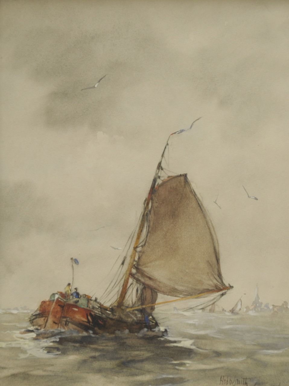 Smith H.  | Hobbe Smith, A barge in choppy waters on the Zuiderzee, Aquarell und Gouache auf Papier 30,1 x 22,9 cm, signed l.r. und dated 1916