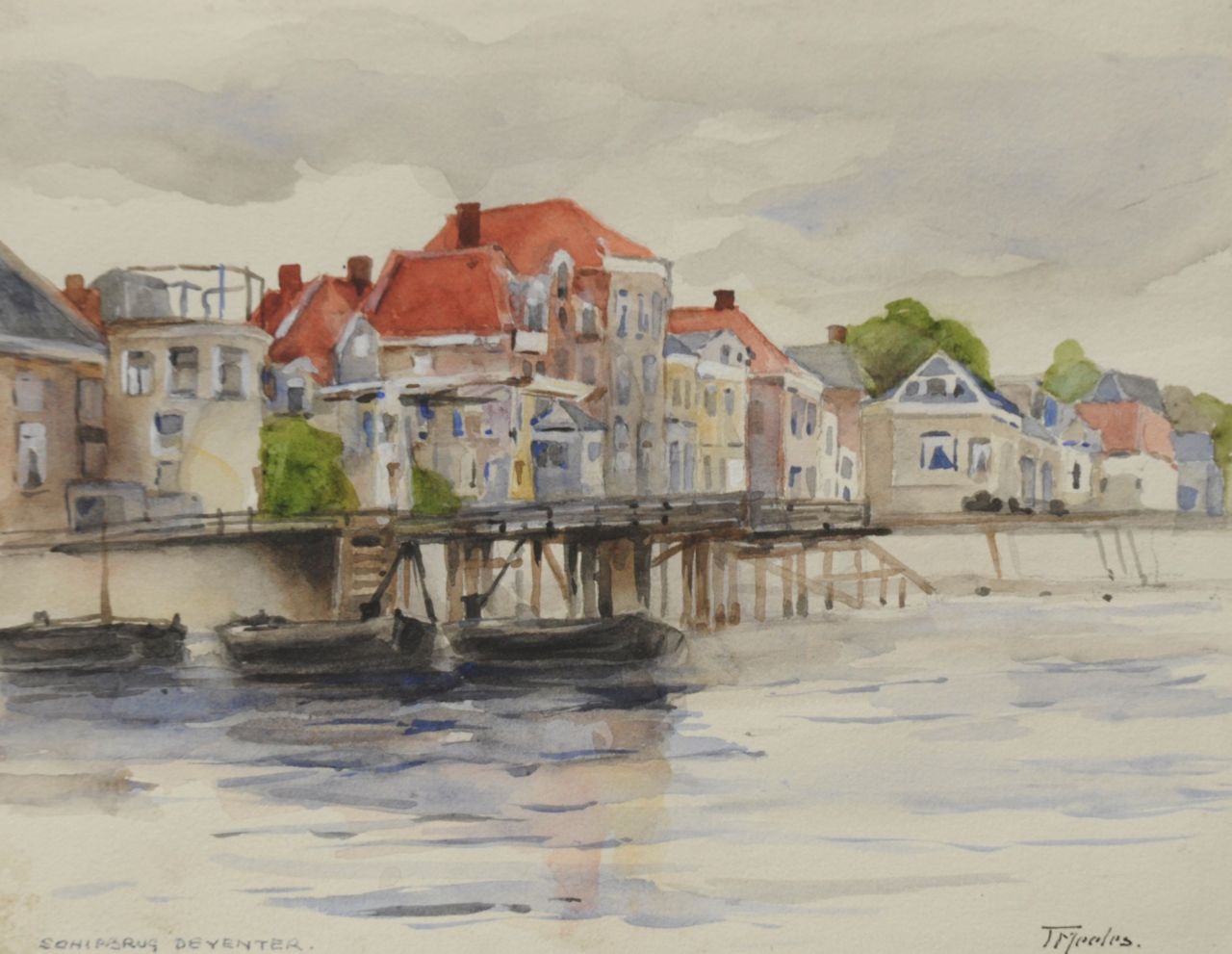 Meeles T.F.C.  | Theodorus Frederik Carel Meeles, A view at a floating bridge, Deventer, Tinte und Aquarell auf Papier 17,6 x 22,7 cm, signed l.r.