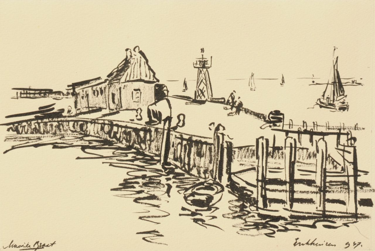 Braat-Rolvink M.  | Maaike Braat-Rolvink, The harbour of Enkhuizen, Ausziehtusche auf Papier 23,0 x 32,5 cm, signed l.l. und dated 1947