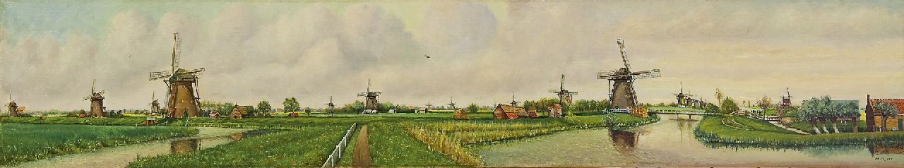A.H. van Rosse | A panoramic view of the windmills at Kinderdijk, Öl auf Leinwand, 28,5 x 150,0 cm, signed l.r.