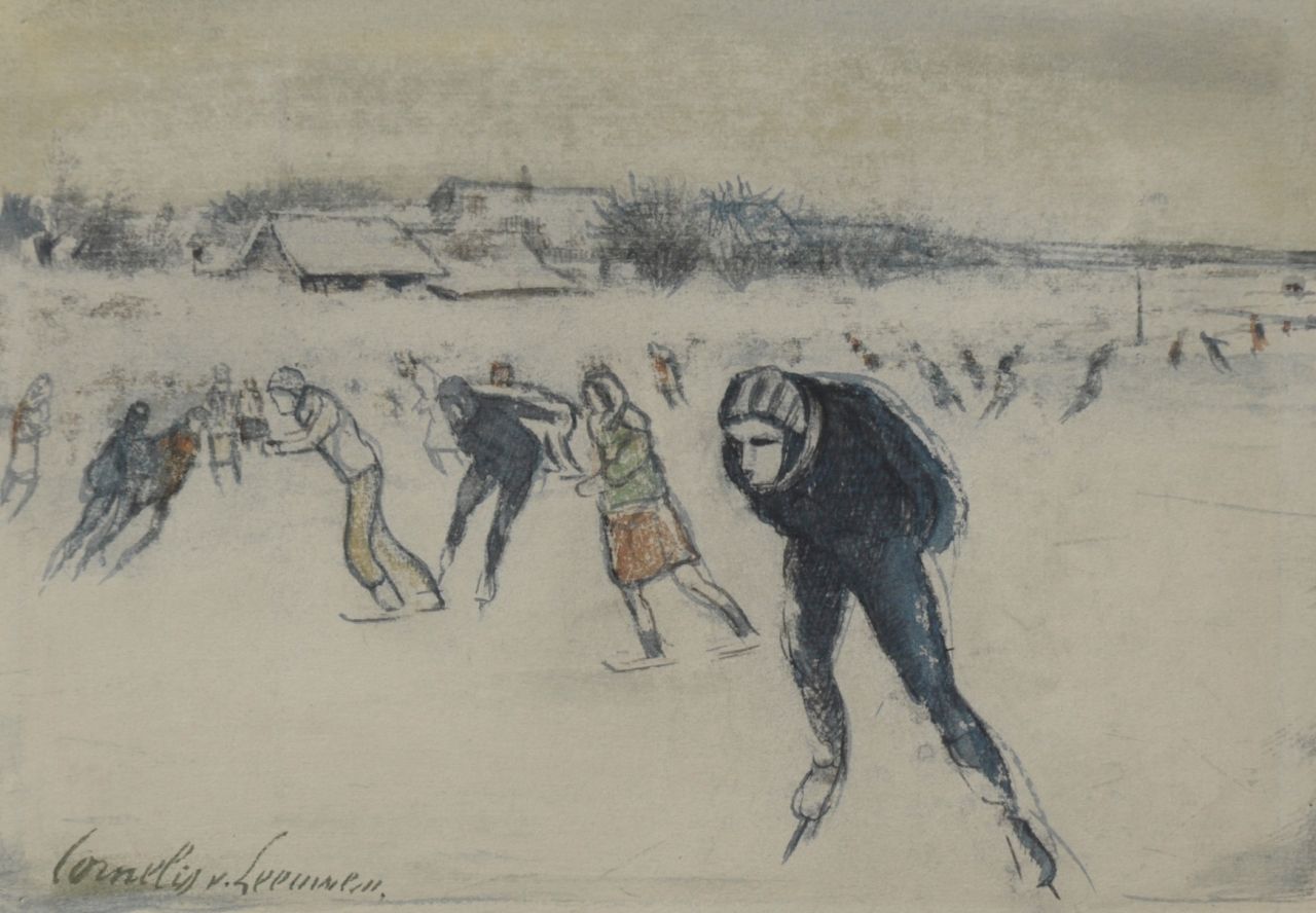 Cornelis van Leeuwen | Skaters on the ice, Kreide, Tinte und Aquarell auf Papier, 14,3 x 20,1 cm, signed l.l.