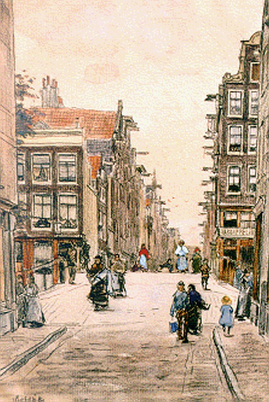 Bobeldijk F.  | Felicien Bobeldijk, Figures on a street, Amsterdam, Gemischte Technik auf Papier 33,5 x 23,5 cm, signed l.l.