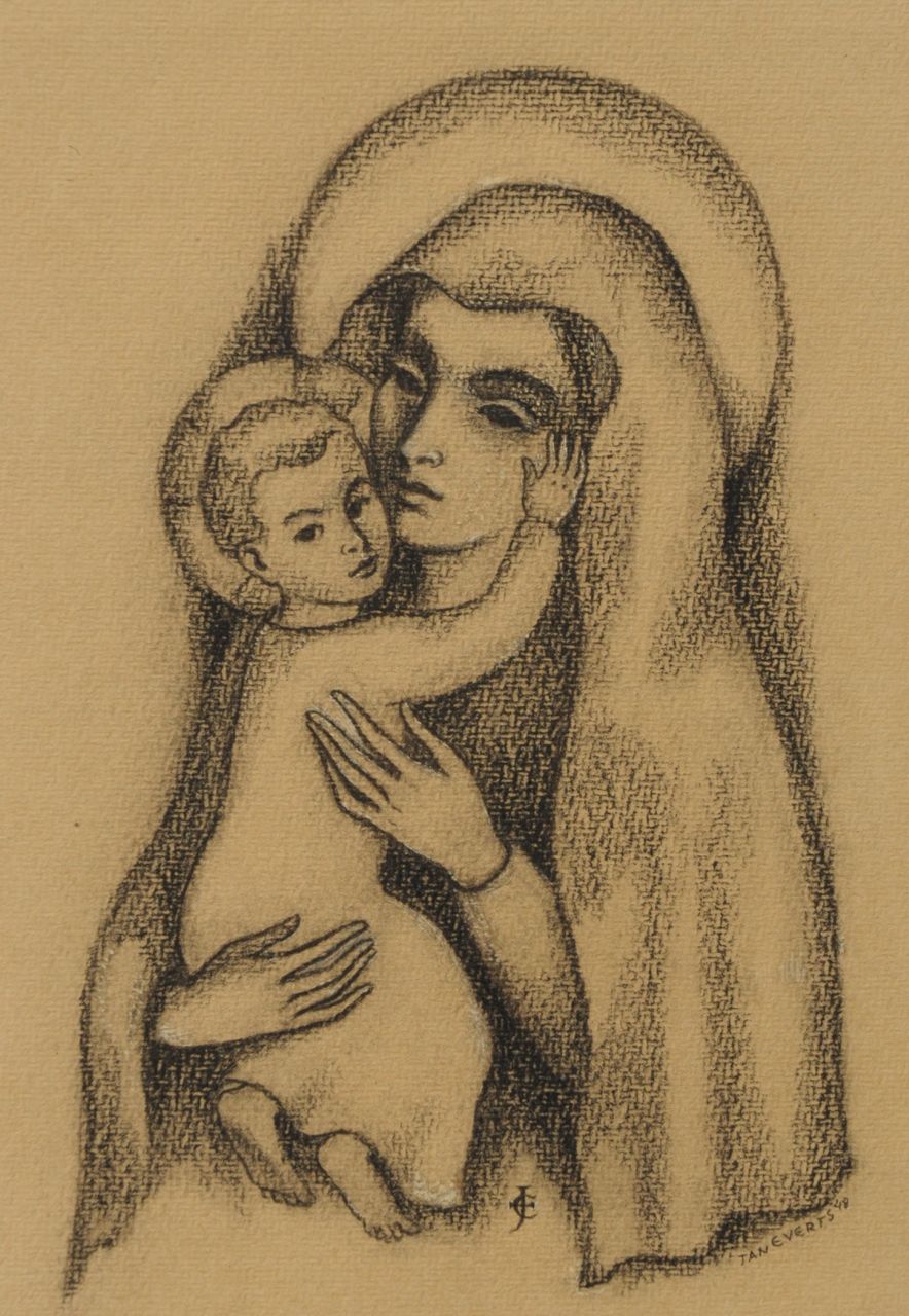 Jan Everts | Madonna mit Kind, Schwarze Kreide auf Papier, 28,2 x 20,7 cm, Unterzeichnet M.u. mit Monogramm und r.u. mit vollem Namen und datiert '48