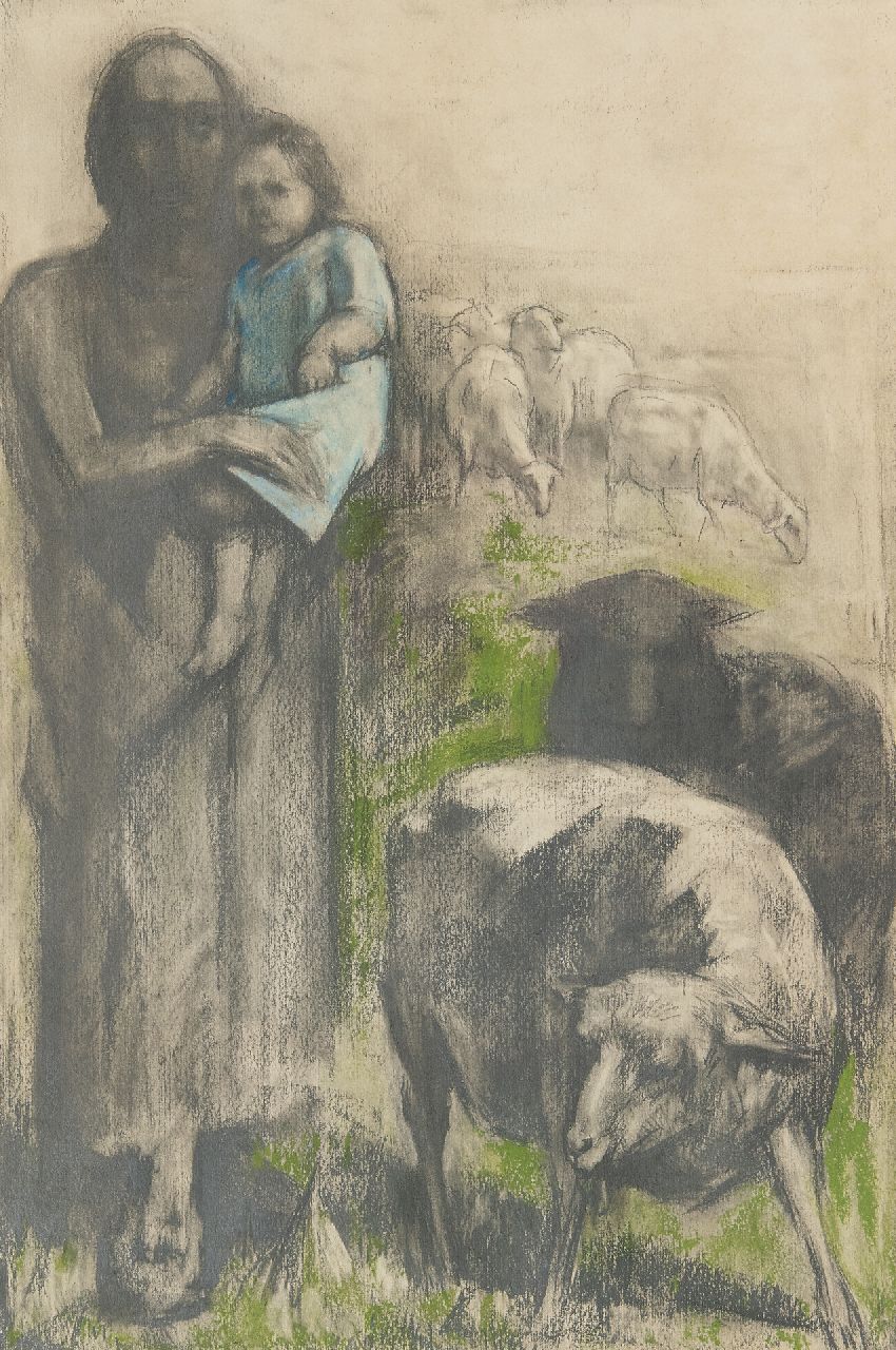 David Bautz | Schäfer mit einem Kind, Pastell auf Papier, 47,6 x 32,2 cm, Unterzeichnet r.u.