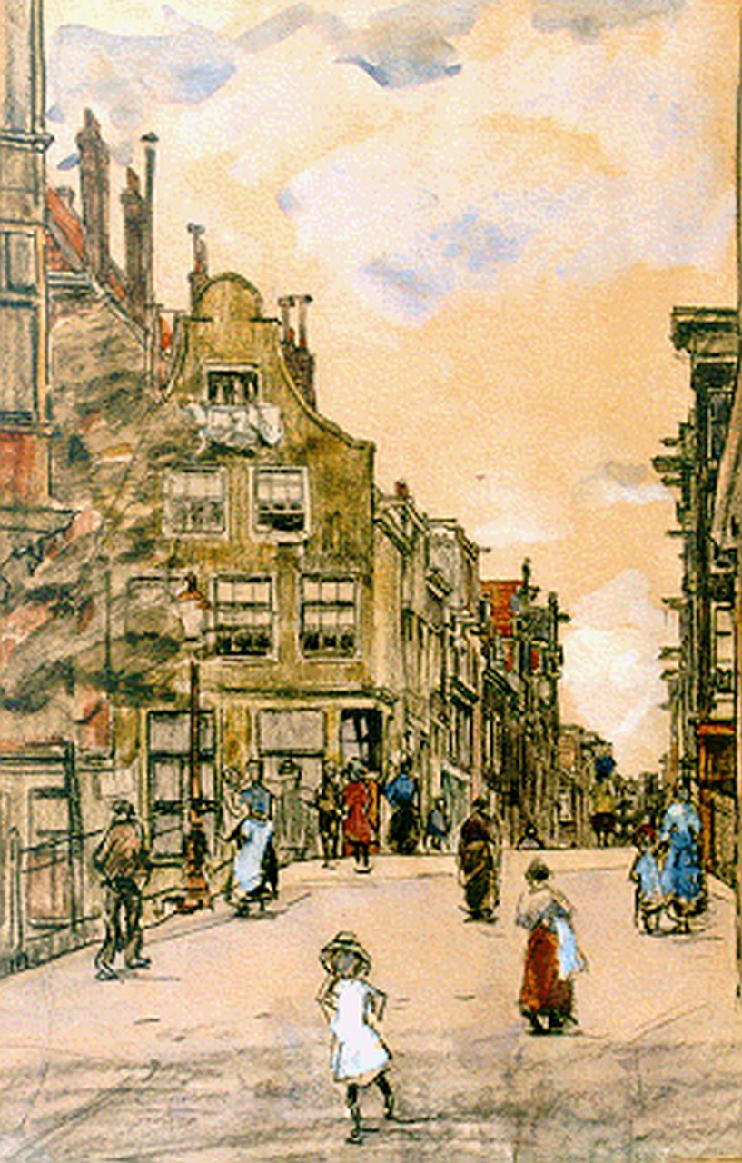 Bobeldijk F.  | Felicien Bobeldijk, Figures on a street, Amsterdam, Gemischte Technik auf Papier 41,0 x 27,5 cm, signed l.l.