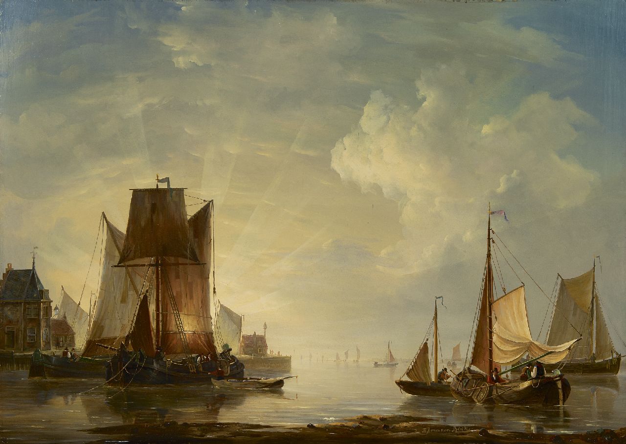 Blijk F.J. van den | Frans Jacobus van den Blijk, Sonnenuntergang im Hafen, Öl auf Holz 58,9 x 83,2 cm, Unterzeichnet M.u.
