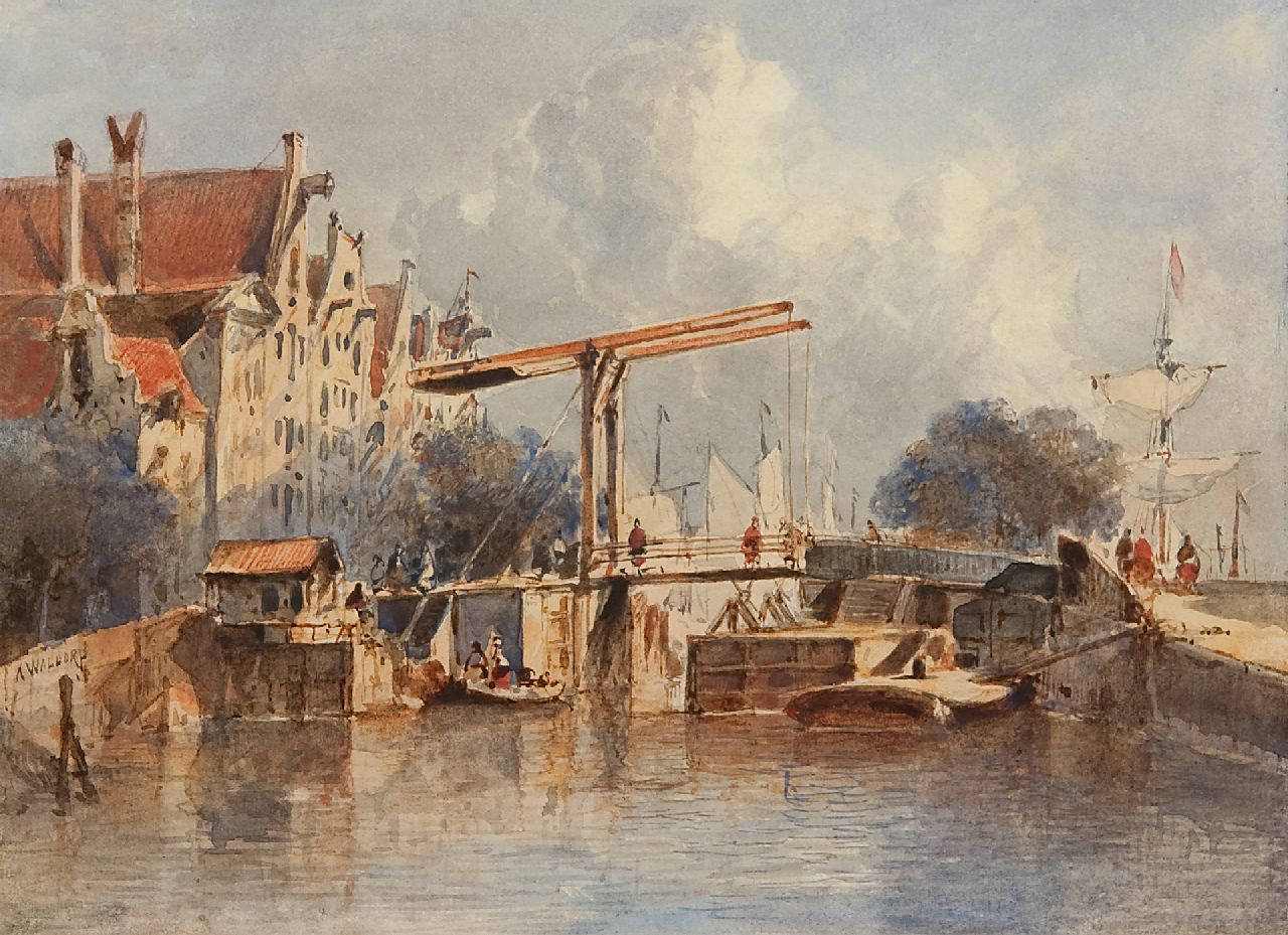 Waldorp A.  | Antonie Waldorp | Aquarelle und Zeichnungen zum Verkauf angeboten | Ansicht auf eine holländische Schleuse, Aquarell auf Papier 16,9 x 23,0 cm, Unterzeichnet M.l.