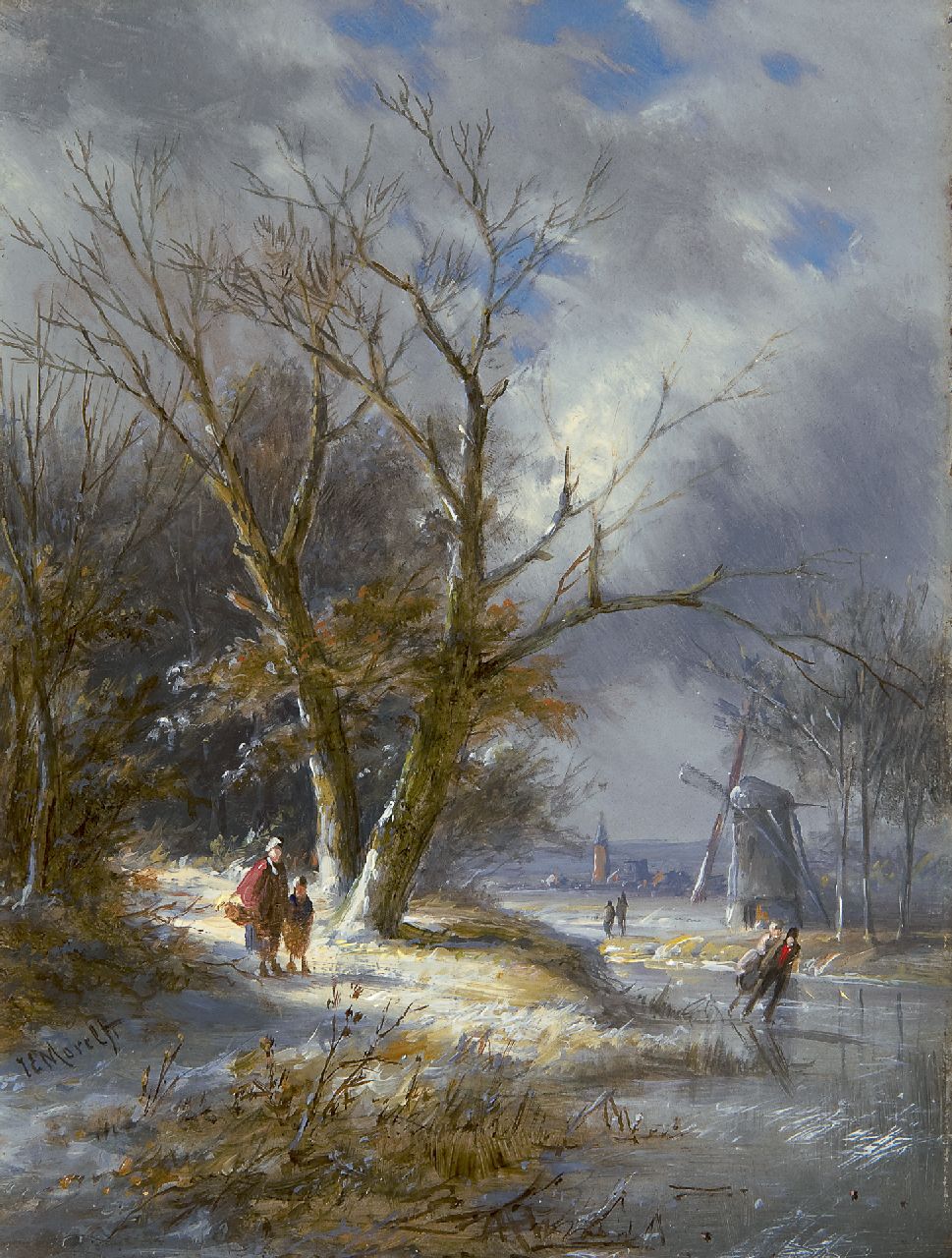 Morel II J.E.  | Jan Evert Morel II, Skaters and land folk in a winter landscape, Öl auf Holz 20,6 x 15,6 cm, signed l.l.