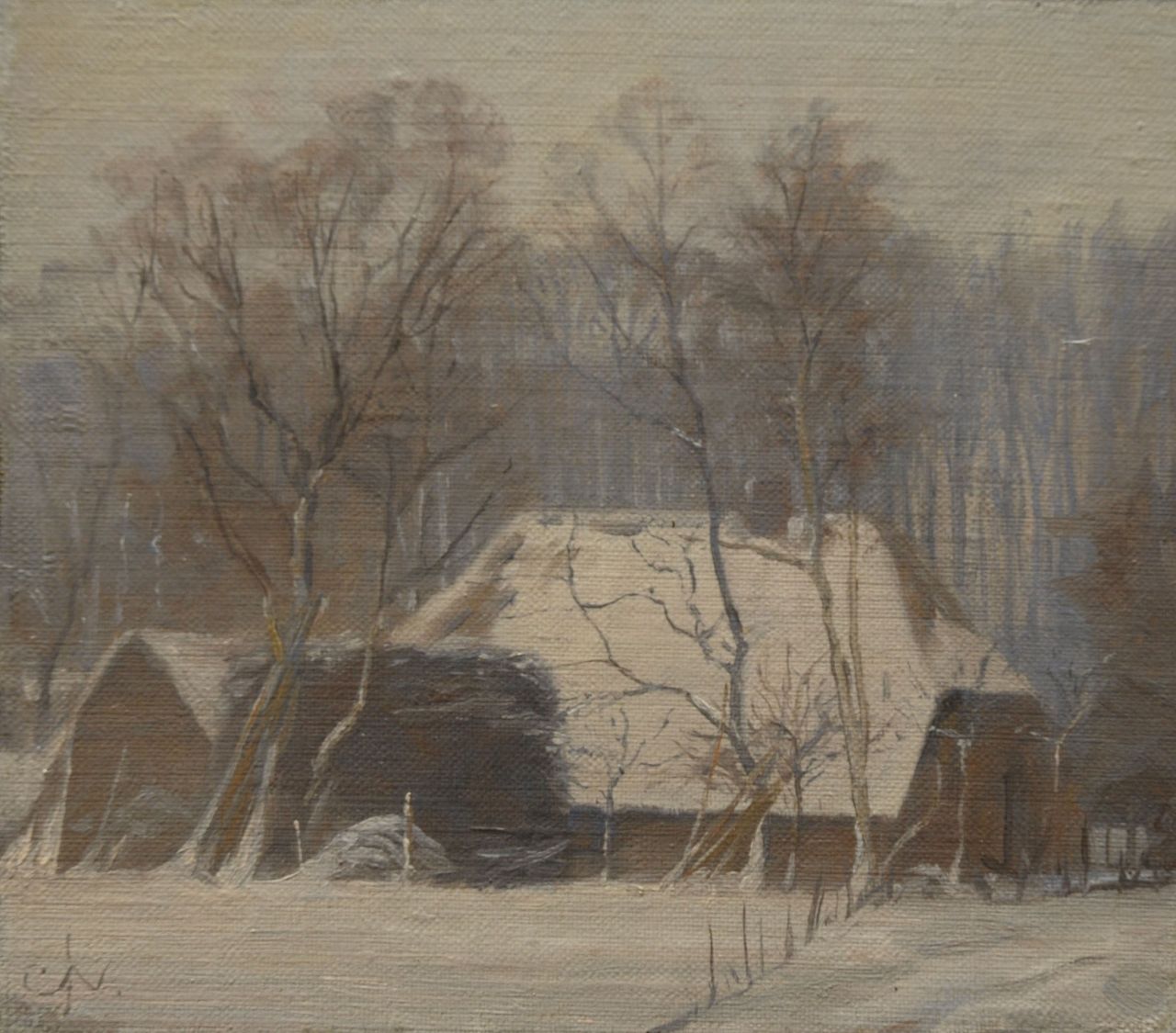Nachenius J.C.  | Jan Coenraad Nachenius, A farm near Bennekom in the snow, Öl auf Leinwand auf Holz 16,8 x 19,0 cm, signed l.l. with monogram