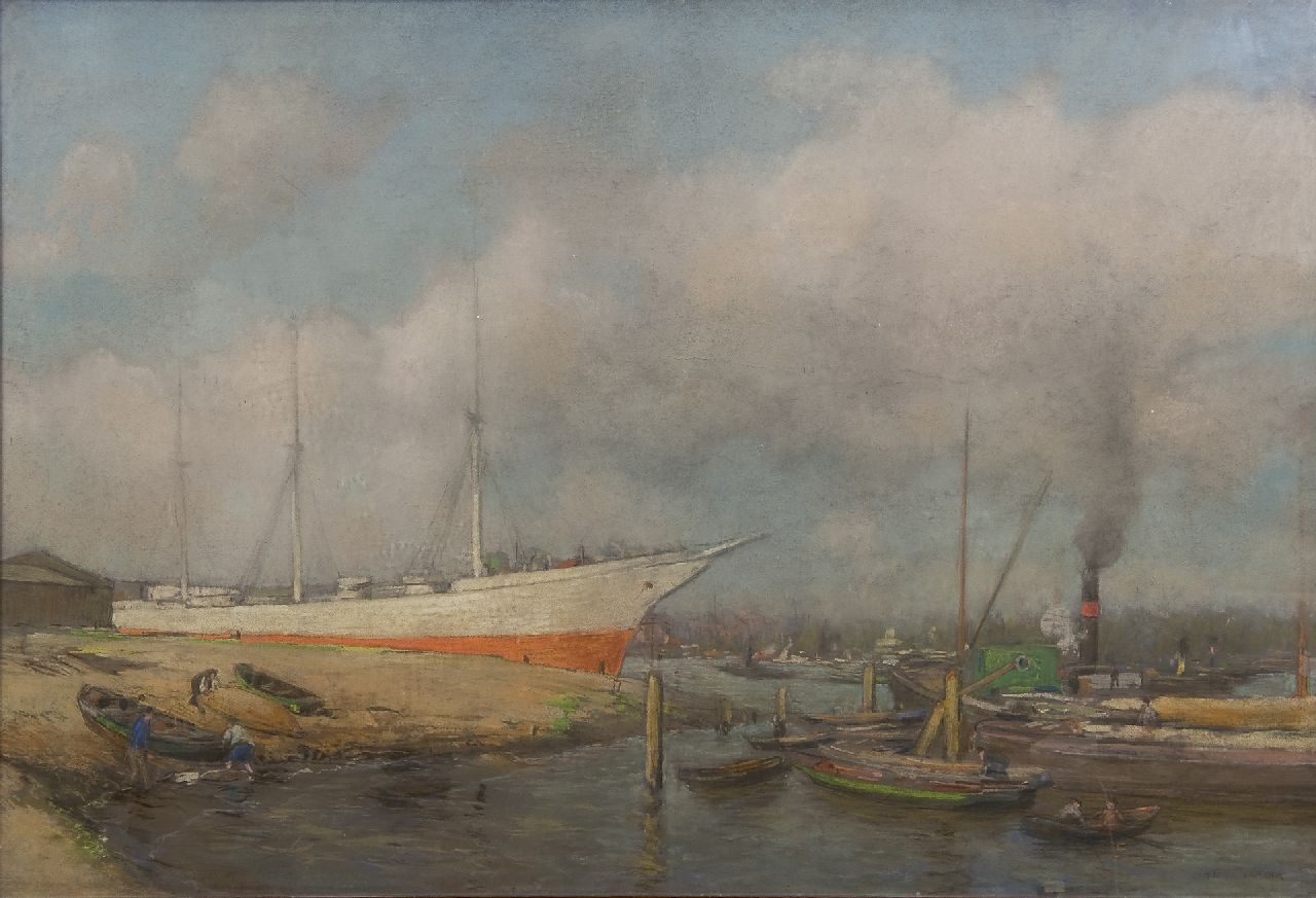 Heijenbrock J.C.H.  | Johan Coenraad Hermann 'Herman' Heijenbrock | Aquarelle und Zeichnungen zum Verkauf angeboten | Schiffswerft, Pastell auf Papier 62,4 x 92,4 cm, Unterzeichnet r.u.