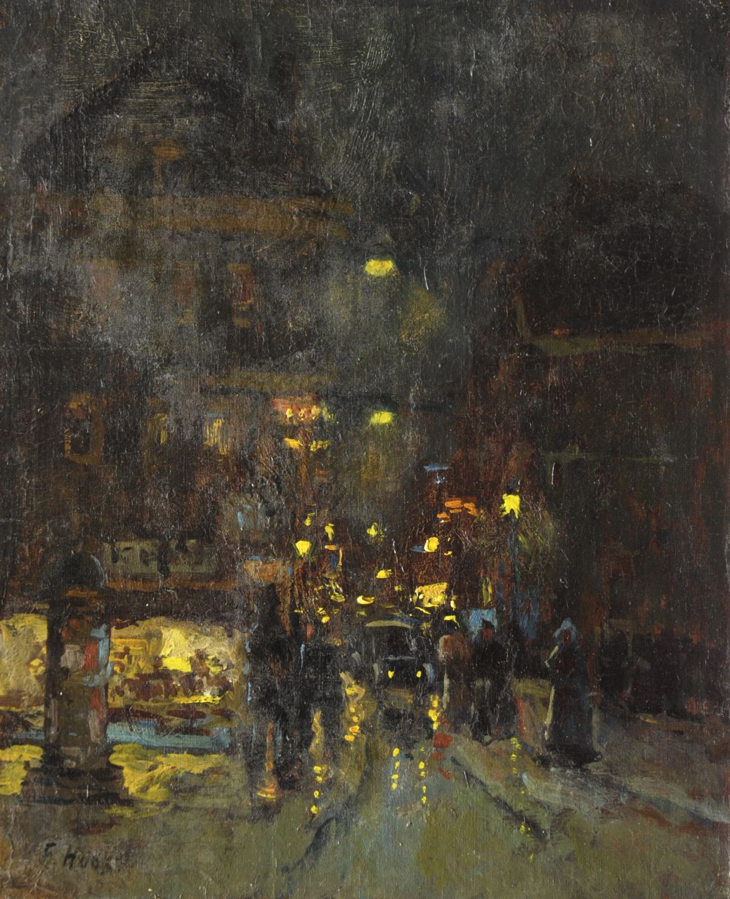 Hoos F.S.  | 'Frans' Simon Hoos, Townview by night, Öl auf Leinwand auf Holz 30,0 x 24,4 cm, signed l.l.