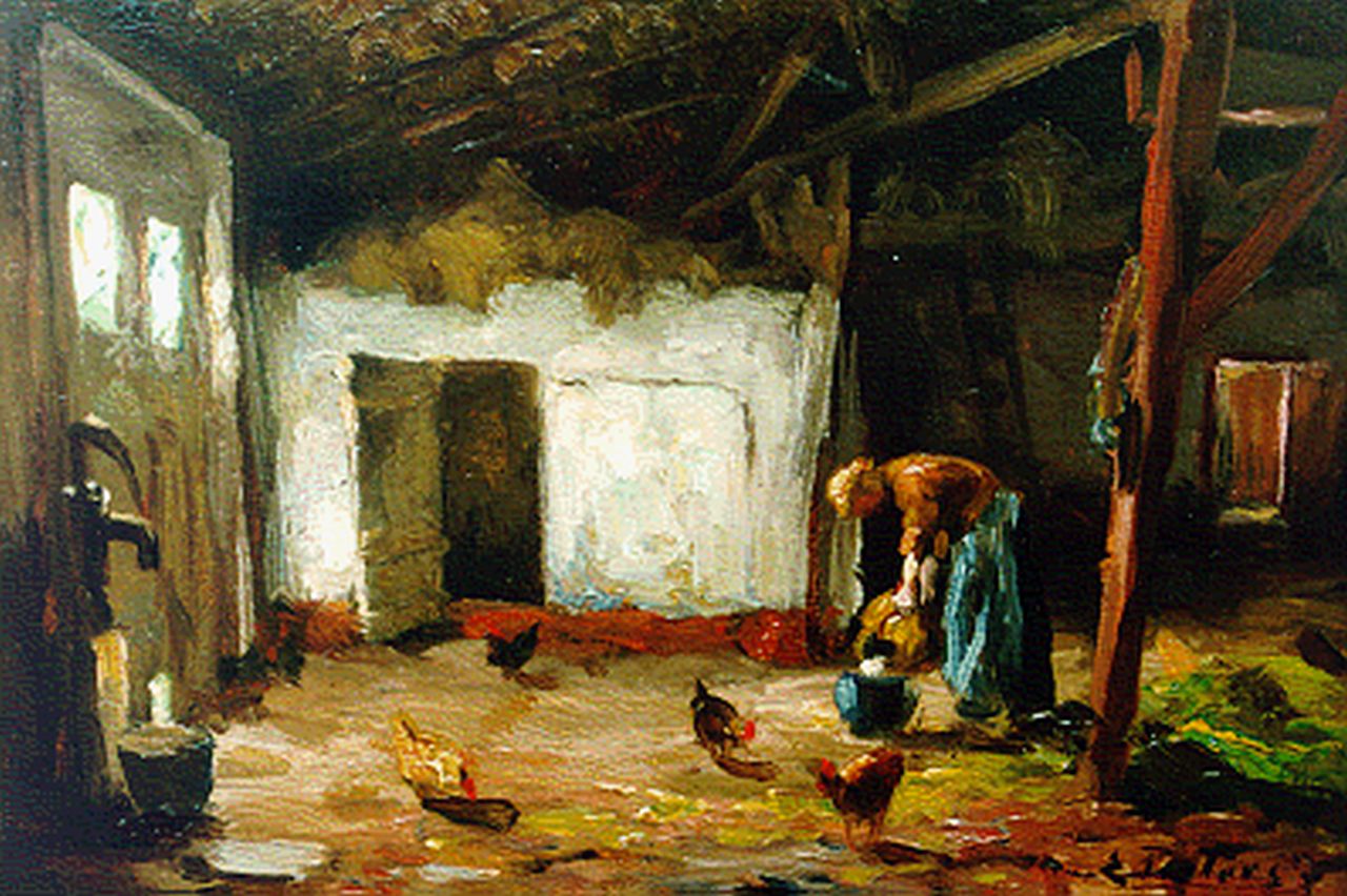 Pieters E.  | Evert Pieters, Feeding the chickens, Öl auf Holz 14,5 x 21,5 cm, signed l.r.