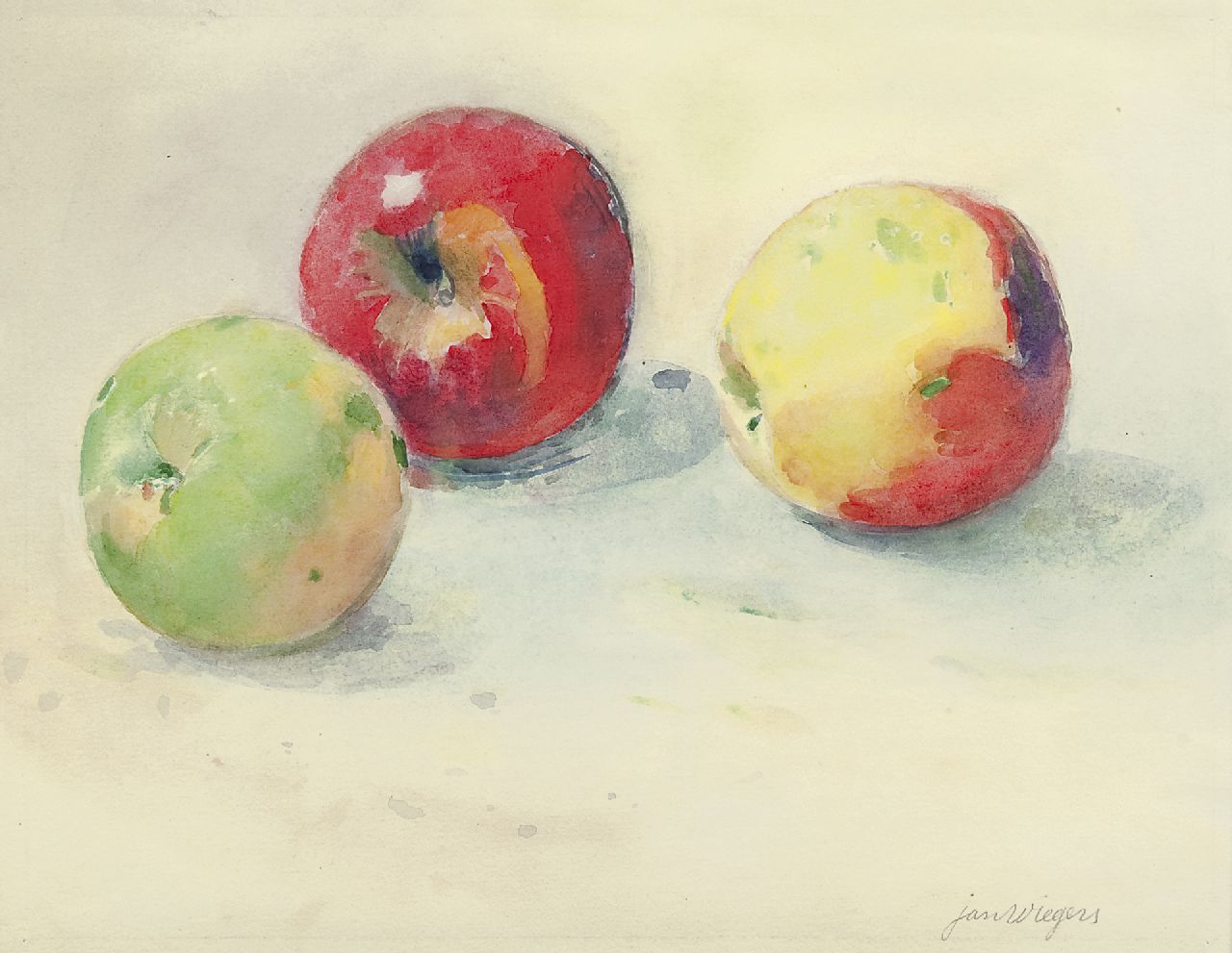 Wiegers J.  | Jan Wiegers, Stilleben mit Äpfeln, Aquarell auf Papier 21,8 x 27,5 cm, Unterzeichnet r.u.