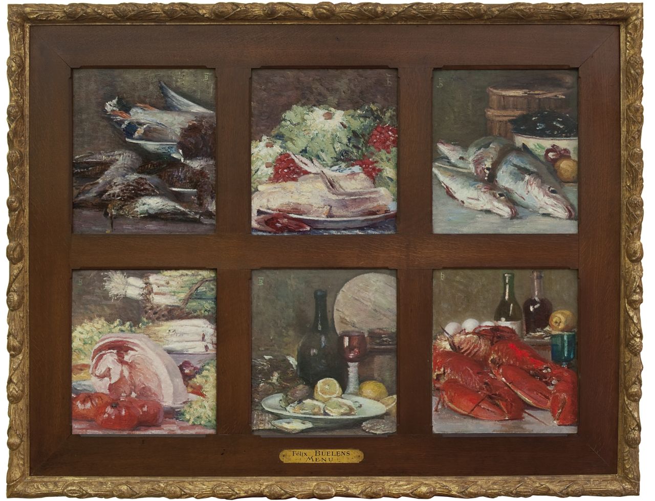 Félix Buelens | Menu - six paintings in one frame, Öl auf Leinwand, 40,2 x 35,4 cm, signed u.l. or u.r. with monogram und painted ca. 1905