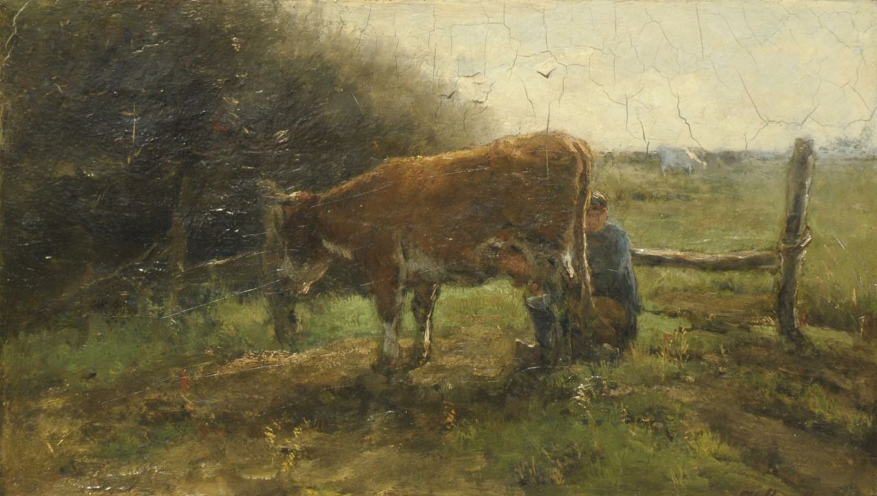 Maris W.  | Willem Maris, Milking the cow, Öl auf Leinwand 25,3 x 43,4 cm, signed l.r.