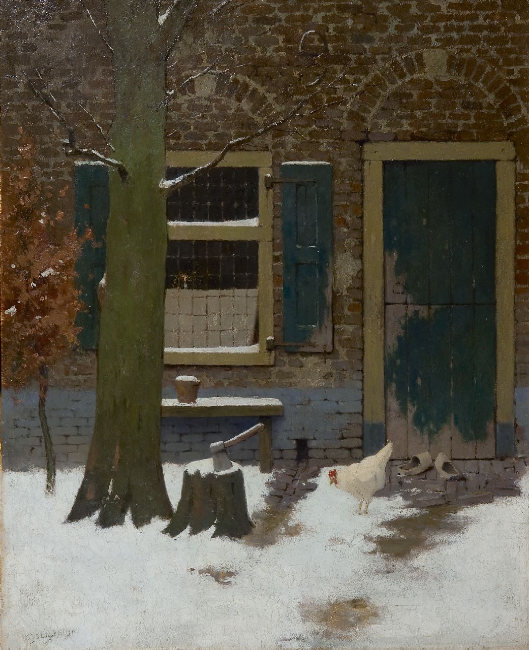 Ligtelijn E.J.  | Evert Jan Ligtelijn, Ein schneebedeckter Hof mit einem Huhn, Öl auf Holzfaser 50,0 x 40,0 cm, signed l.l.