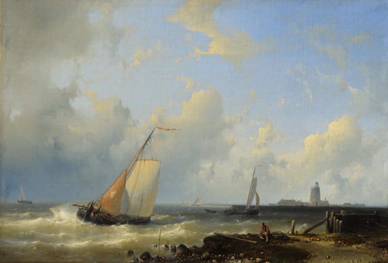 Hulk A.  | Abraham Hulk, Sailing ships in front of a harbour, Öl auf Leinwand 37,5 x 54,4 cm, signed l.r.