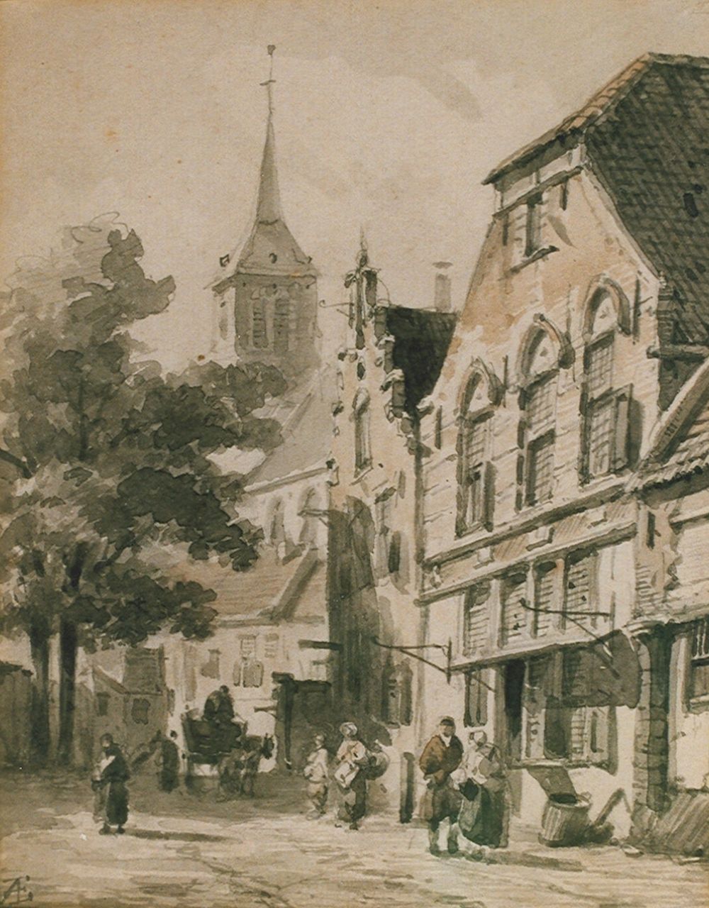 Eversen A.  | Adrianus Eversen, Street with pedestrians and a horse-drawn cart, Sepia auf Papier 18,5 x 14,5 cm, signed l.l. with monogram