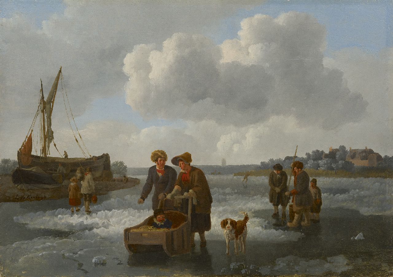 Koningh L. de | Leendert de Koningh, Eisfischer und Schlitten auf zugefrorenem Fluss, Öl auf Holz 30,1 x 42,0 cm, Unterzeichnet l.v.d.M.
