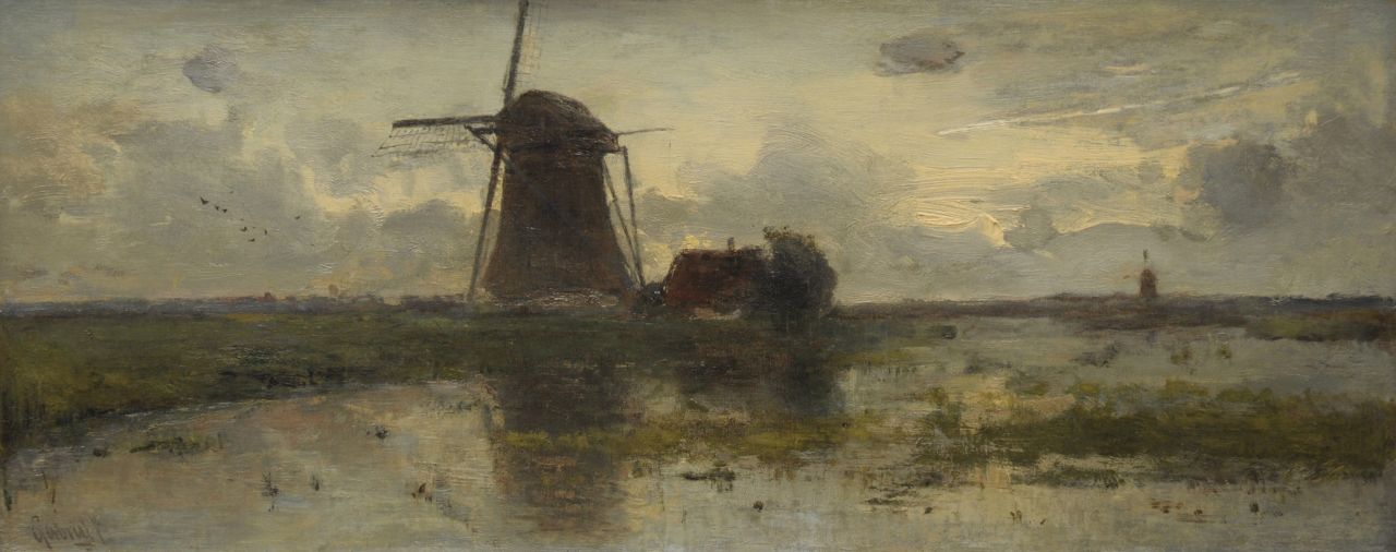 Gabriel P.J.C.  | Paul Joseph Constantin 'Constan(t)' Gabriel, Windmill in Dutch landscape at sunset, Öl auf Leinwand 25,3 x 60,5 cm, signed l.l.