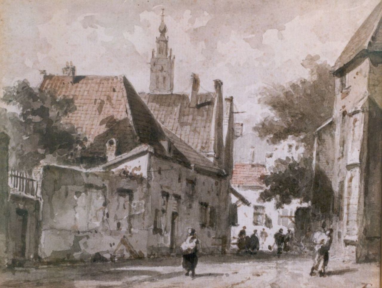 Eversen A.  | Adrianus Eversen, Townsfolk in a street, Haarlem, Sepia auf Papier 15,0 x 18,5 cm, signed l.r. with monogram